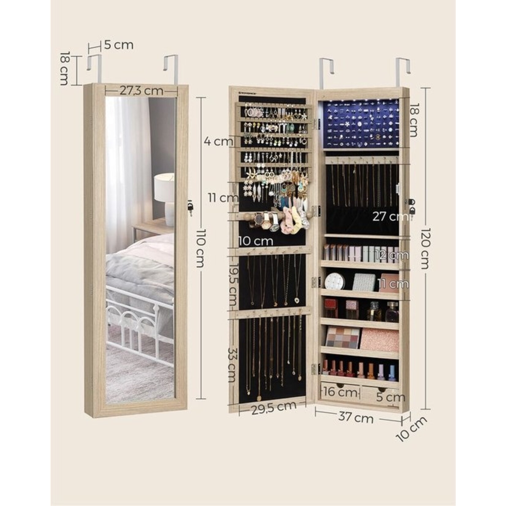 Bobbel Home hanging jewellery cabinet - lockable jewellery cabinet with mirror - mirror cabinet - wall cabinet with mirror and multiple compartments - wall-mounted - hangs on the door - for necklaces - earrings - oak