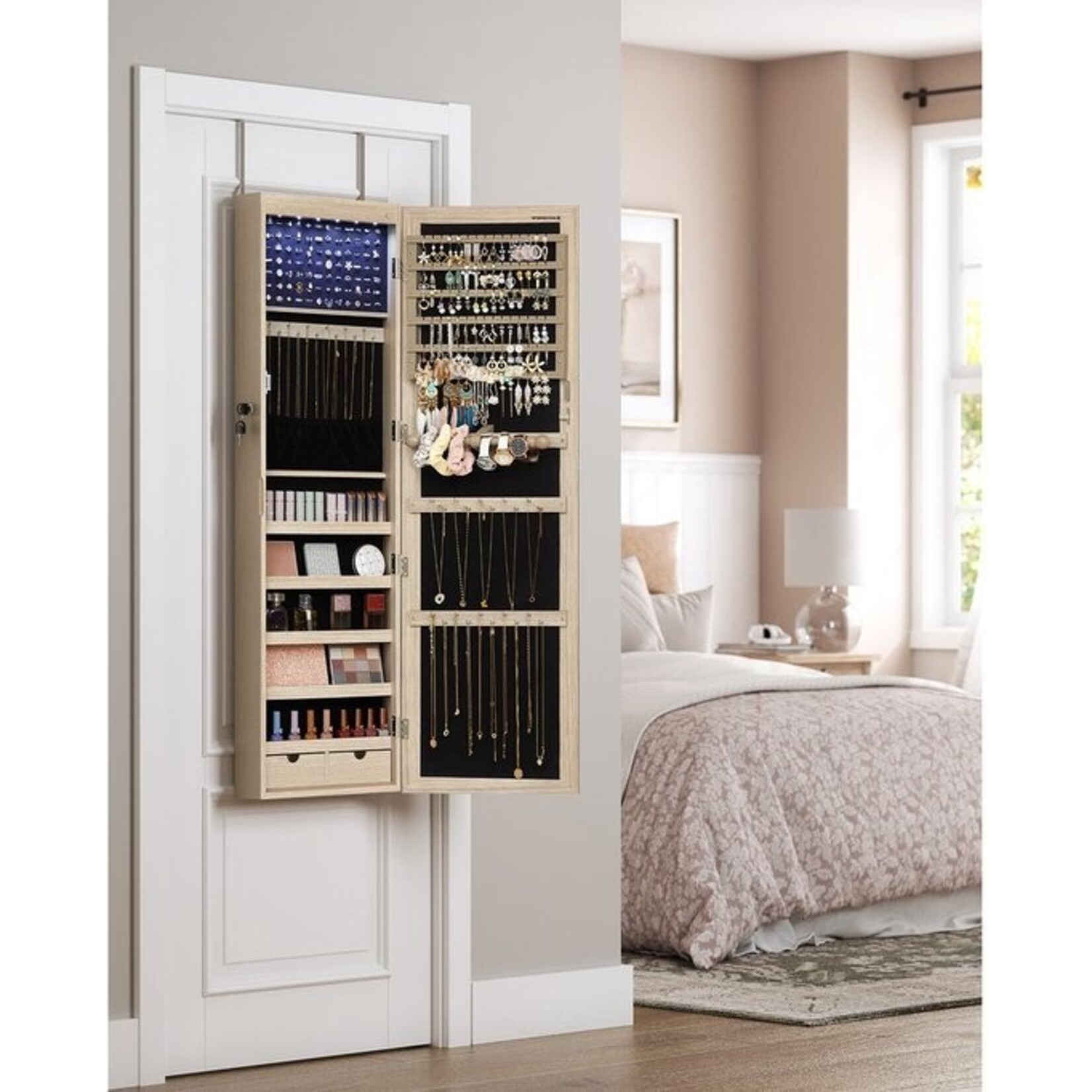 Bobbel Home hanging jewellery cabinet - lockable jewellery cabinet with mirror - mirror cabinet - wall cabinet with mirror and multiple compartments - wall-mounted - hangs on the door - for necklaces - earrings - oak