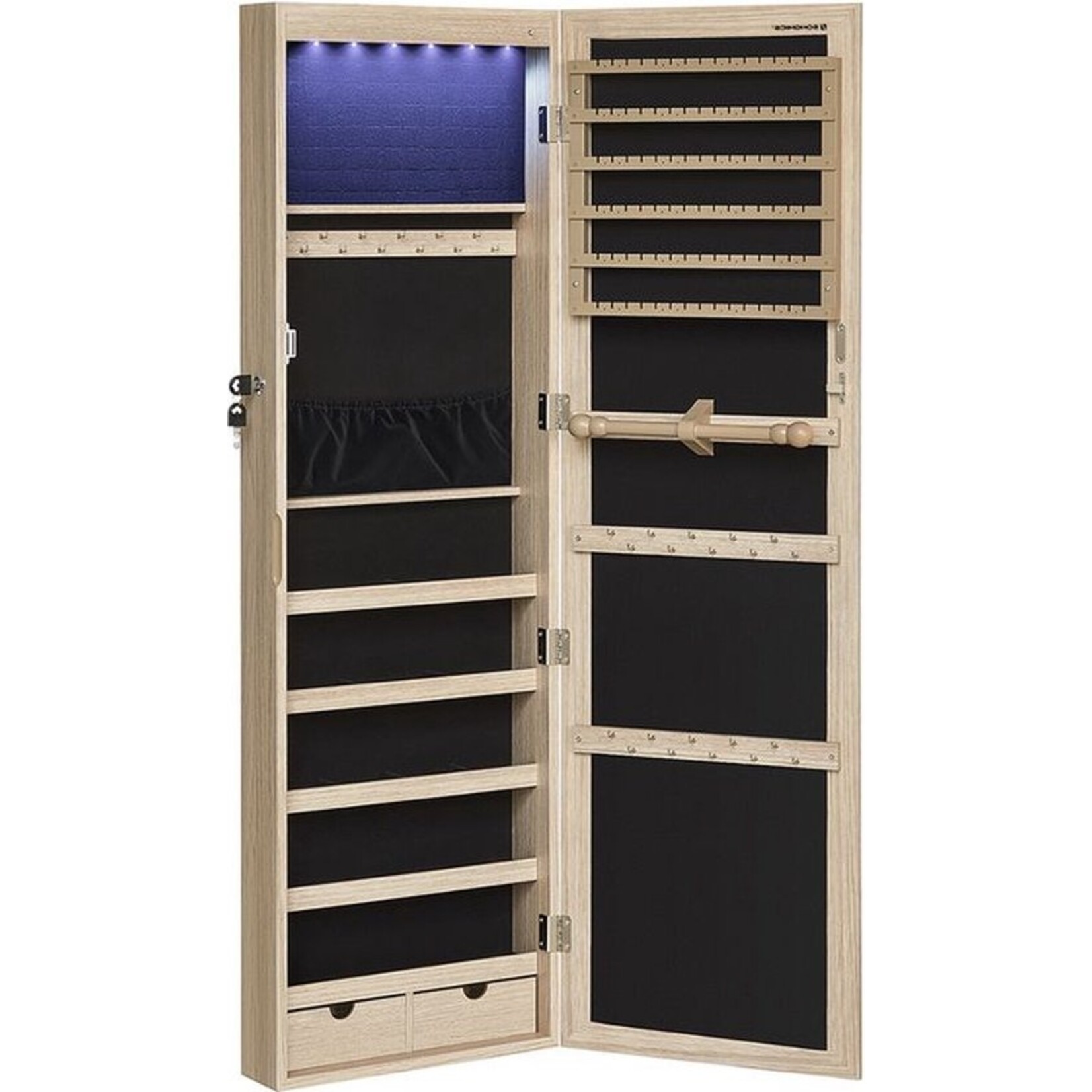 Bobbel Home hanging jewellery cabinet - lockable jewellery cabinet with mirror - mirror cabinet - wall cabinet with mirror and multiple compartments - wall-mounted - hangs on the door - for necklaces - earrings - oak