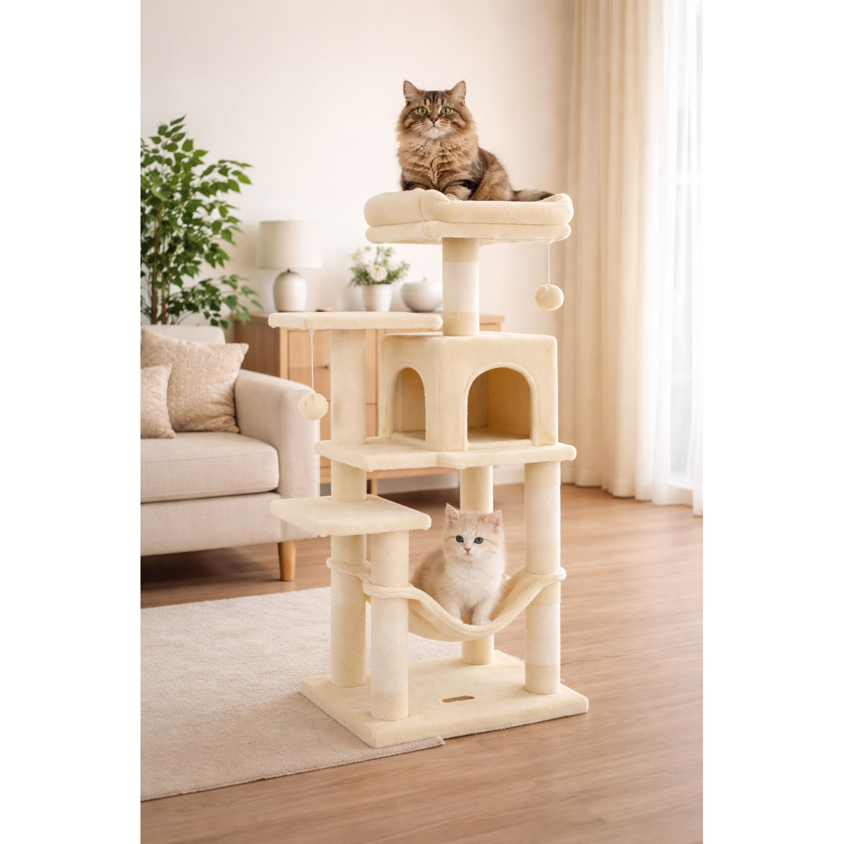 Bobbel Home - krabpaal - 112 cm - stabiele krabpaal met kattenhuis -Beige