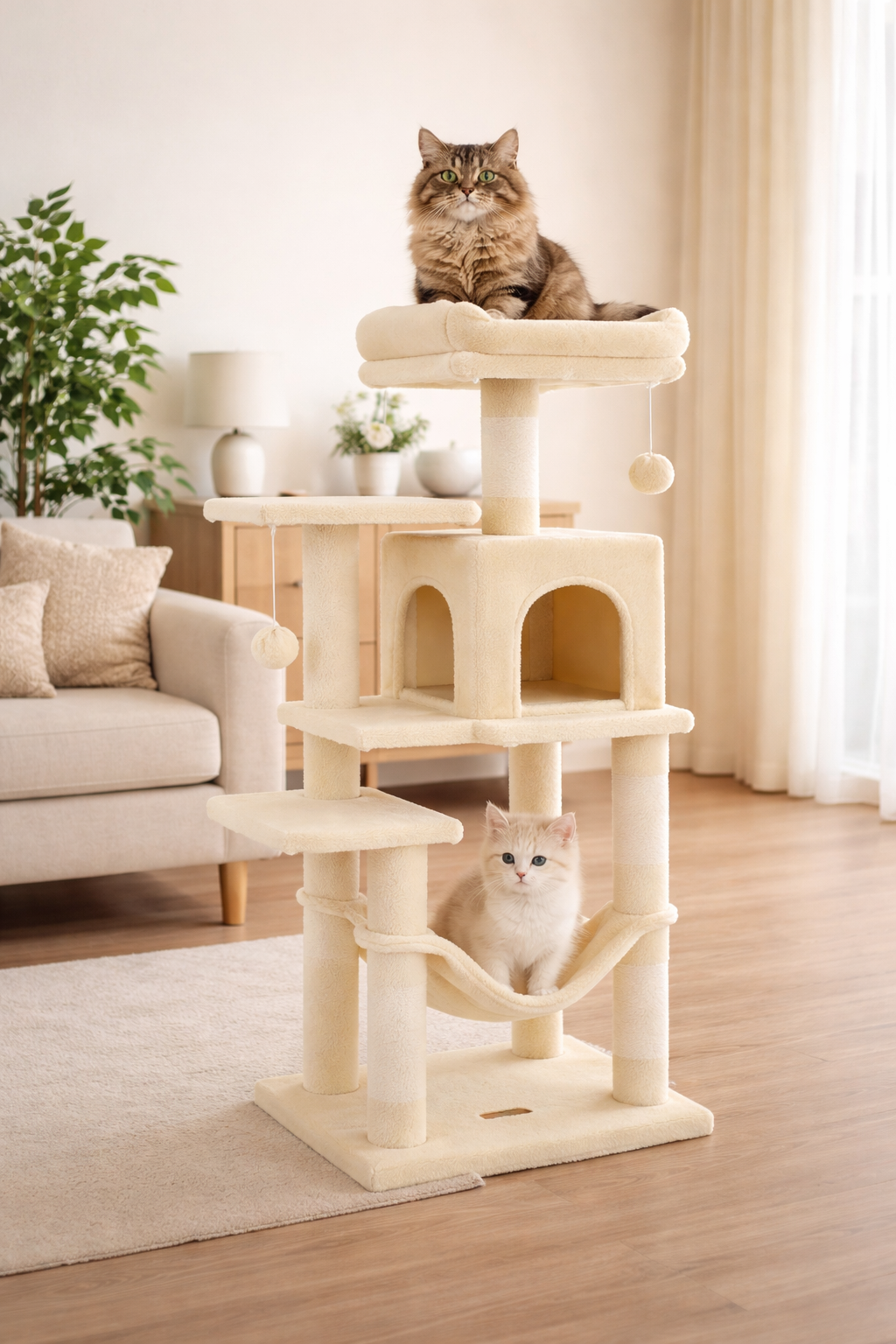 Bobbel Home - krabpaal - 112 cm - stabiele krabpaal met kattenhuis -Beige
