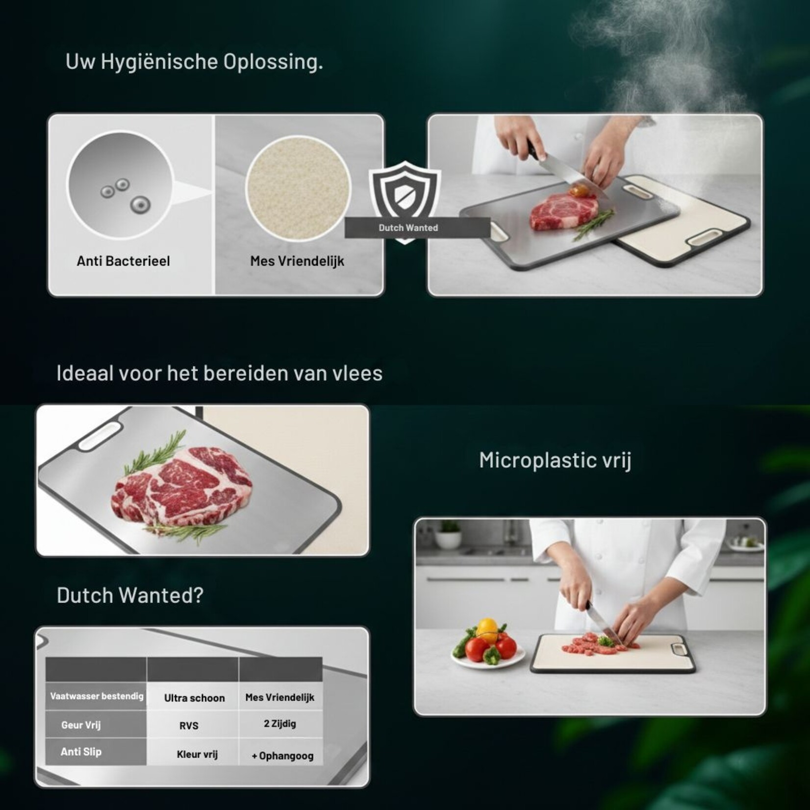 Dutch Wanted Dutch Wanted - 100% stainless steel cutting board, double-sided with wheat fibre side - Avoid microplastics - Hygienic - Grater function - Dishwasher safe - Non-slip