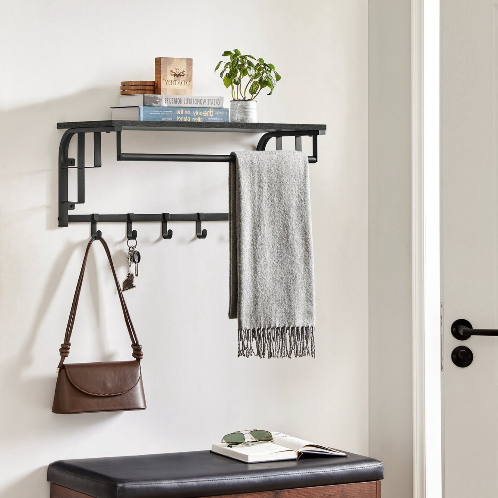 Bobbel Home Wall Coat Rack with Shelf - Wall Shelf with 5 Removable Hooks - Wall-Mounted Hanging Shelf - Anthracite Grey-Black