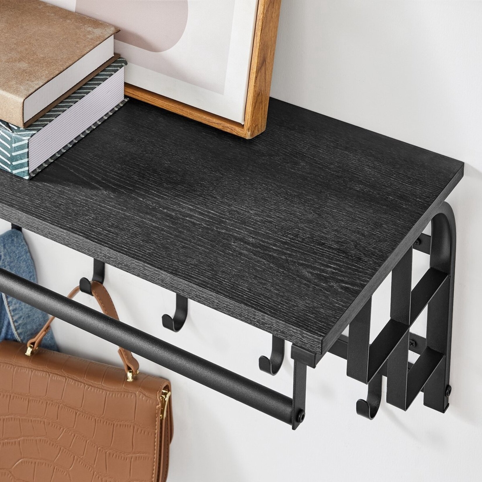 Bobbel Home Bobbel Home Wandkapstok met Plank - Wandplank met 5 Verwijderbare Haken -  Wandgemonteerde Hangplank - Antraciet Grijs-Zwart