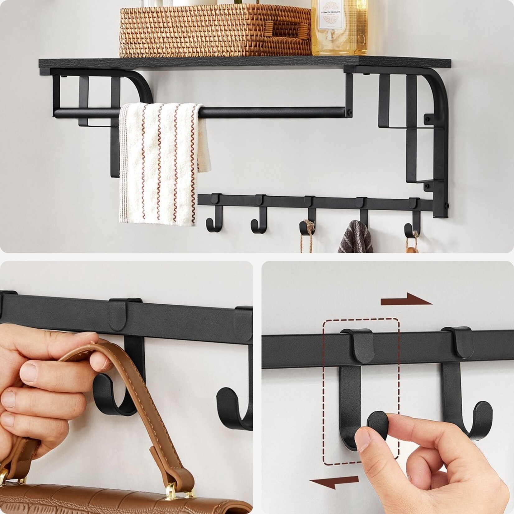 Bobbel Home Bobbel Home Wall Coat Rack with Shelf - Wall Shelf with 5 Removable Hooks - Wall-Mounted Hanging Shelf - Anthracite Grey-Black