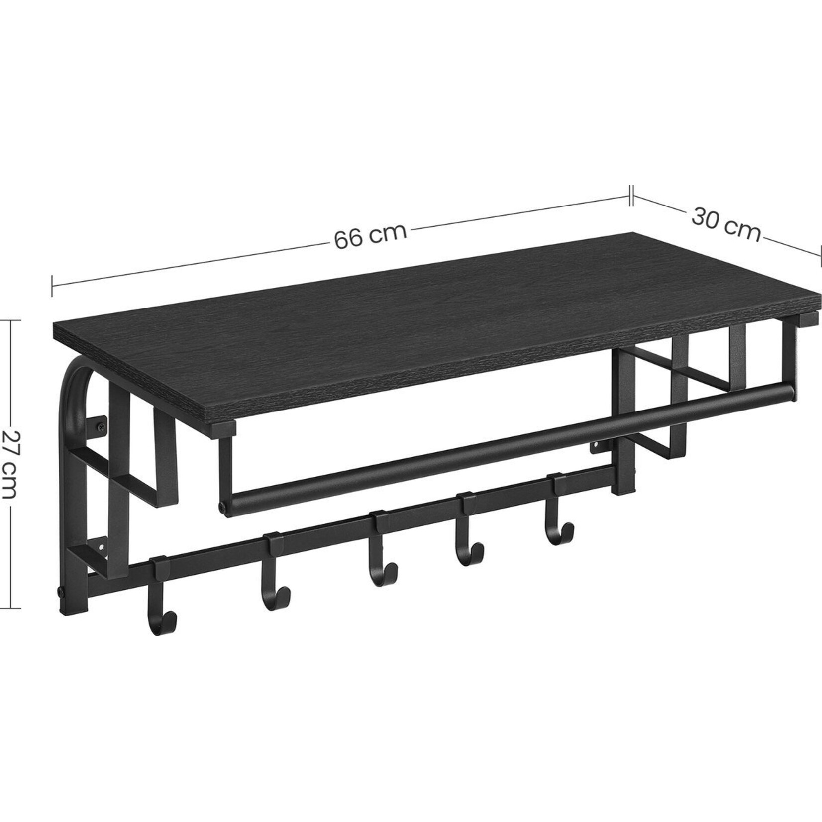Bobbel Home Wandkapstok met Plank - Wandplank met 5 Verwijderbare Haken -  Wandgemonteerde Hangplank - Antraciet Grijs-Zwart