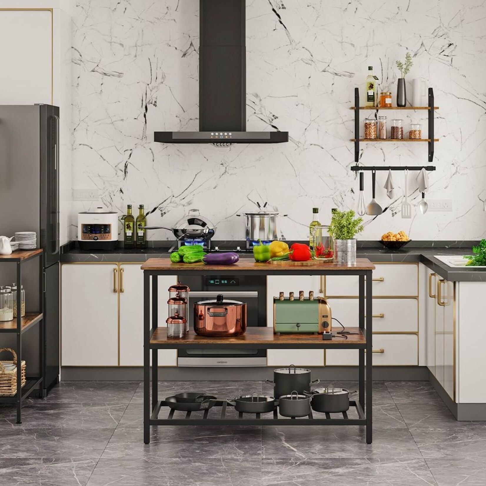 Bobbel Home Bobbel Home Kitchen Island Industrial - Kitchen Rack with 3 Open Shelves - Work Table for Dough and Pizza - Steel and Wood - Black - 30 kg per Shelf - 120 x 60 x 90 cm