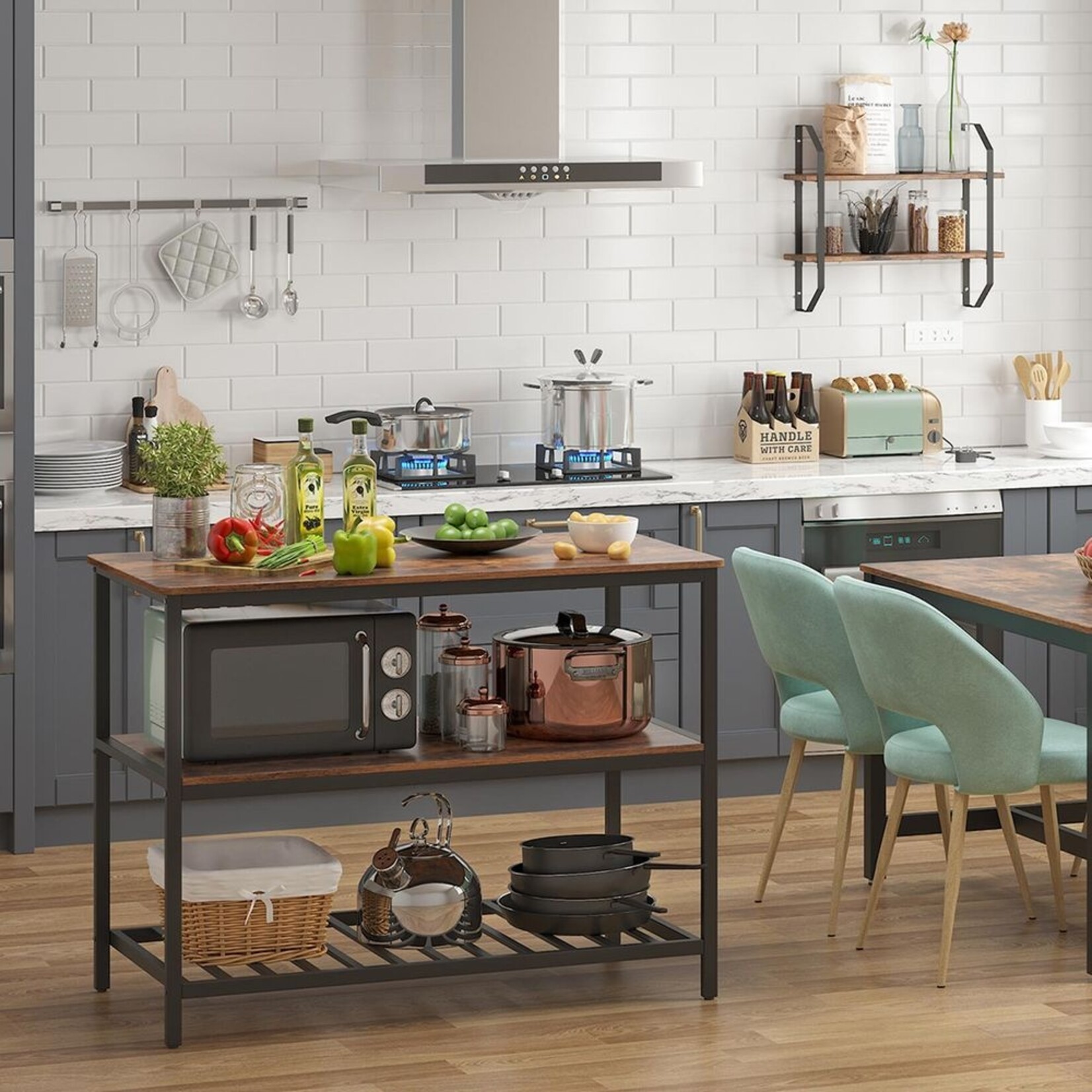 Bobbel Home Bobbel Home Keukeneiland Industrieel - Keukenrek met 3 Open Planken - Werktafel voor Deeg en Pizza - Staal en Hout - Zwart - 30 kg per Plank -120 x 60 x 90 cm