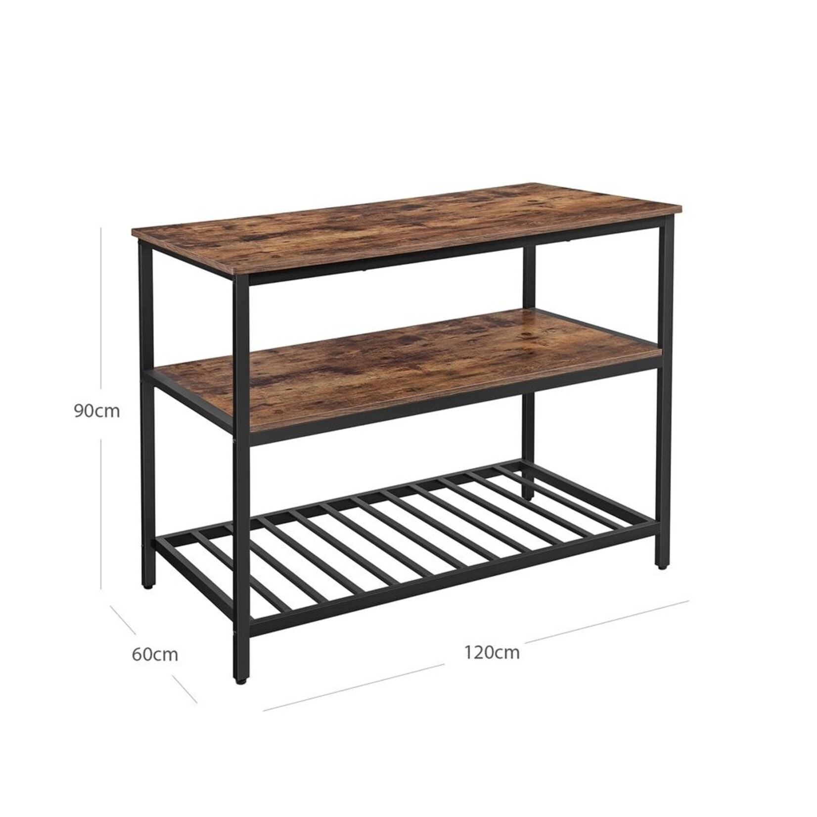 Bobbel Home Bobbel Home Kitchen Island Industrial - Kitchen Rack with 3 Open Shelves - Work Table for Dough and Pizza - Steel and Wood - Black - 30 kg per Shelf - 120 x 60 x 90 cm