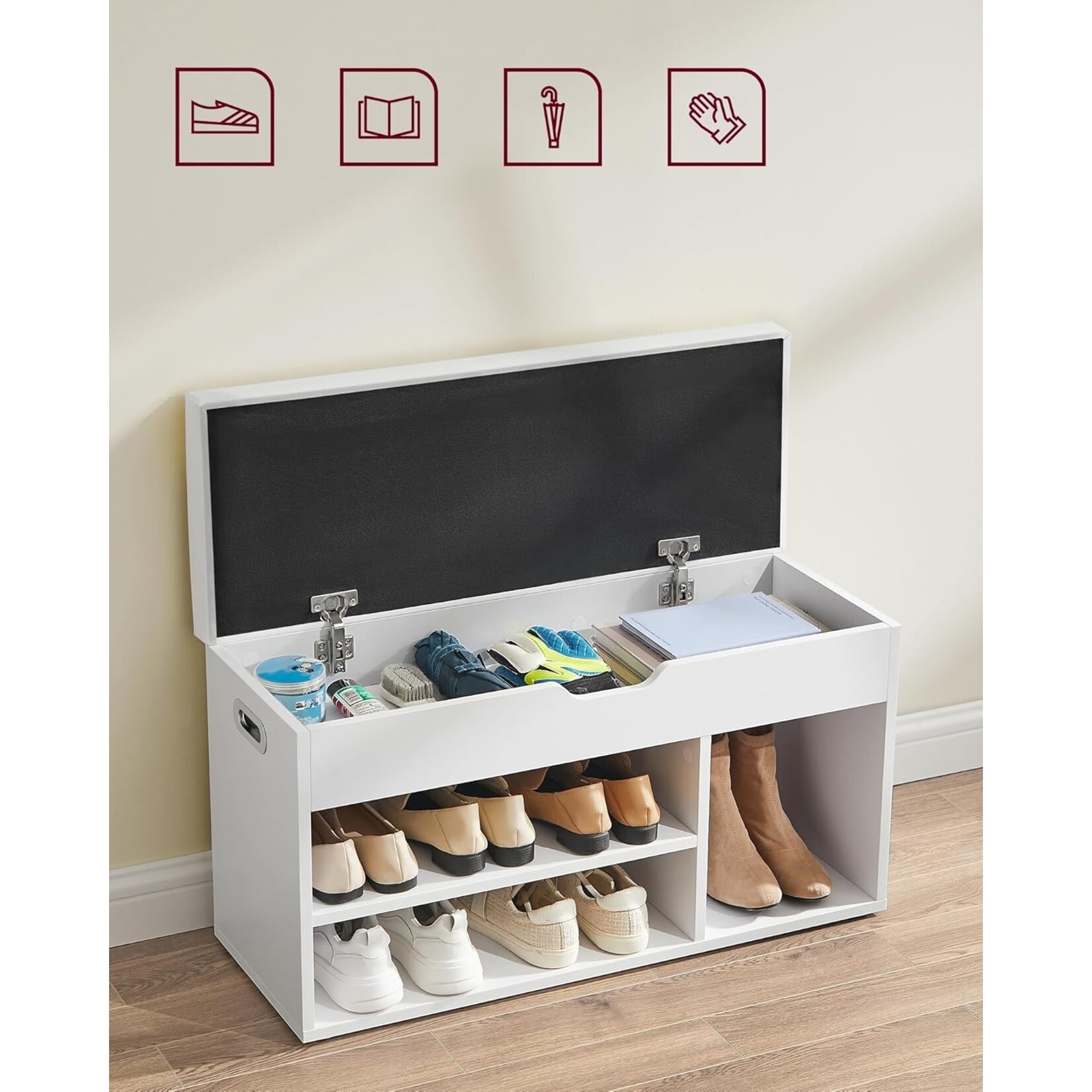 Bobbel Home Upholstered Shoe Bench - 3 open compartments - up to 150 kg - Vintage - White