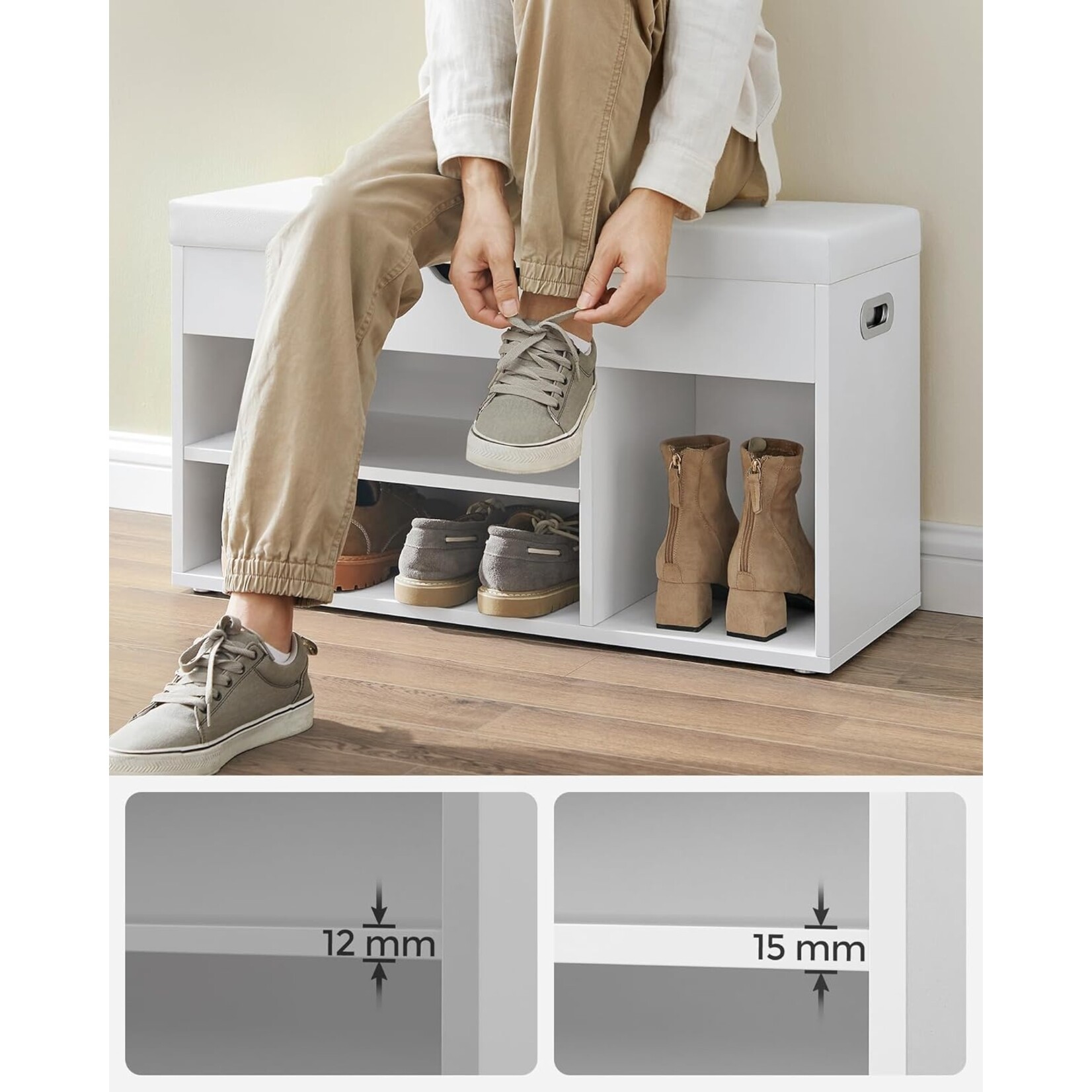 Bobbel Home Upholstered Shoe Bench - 3 open compartments - up to 150 kg - Vintage - White