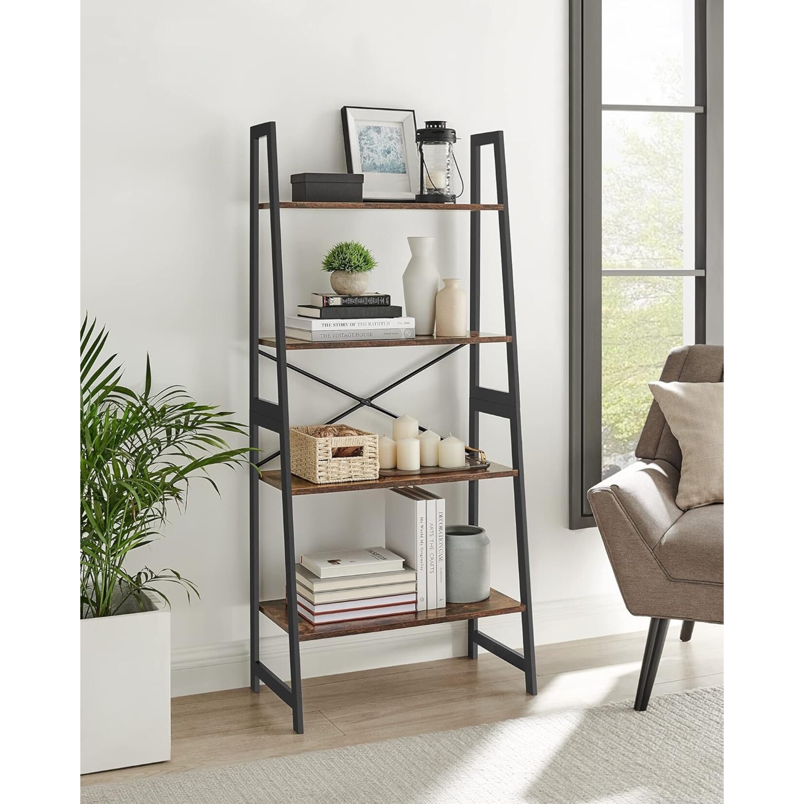 Boekenplank - Staande Plank - Ladderplank - 5 Niveaus Boekenplank - Hoek Boekenplank - Boekenplank Met Bamboe Frame - Vintage Bruin-Zwart - 63 x 34 x 137 cm