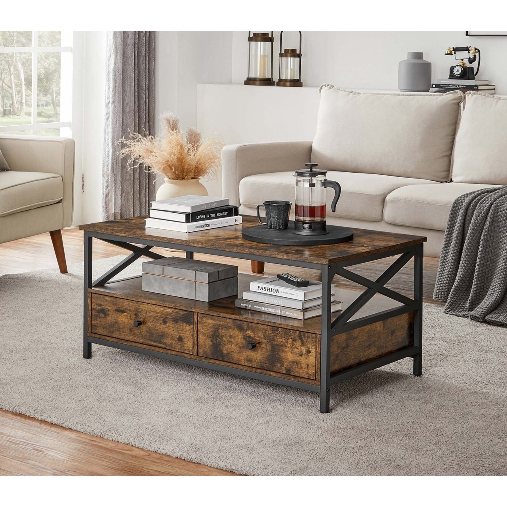 Bobbel Home Industrial Coffee Table with Drawers – Vintage Brown Coffee Table with Storage