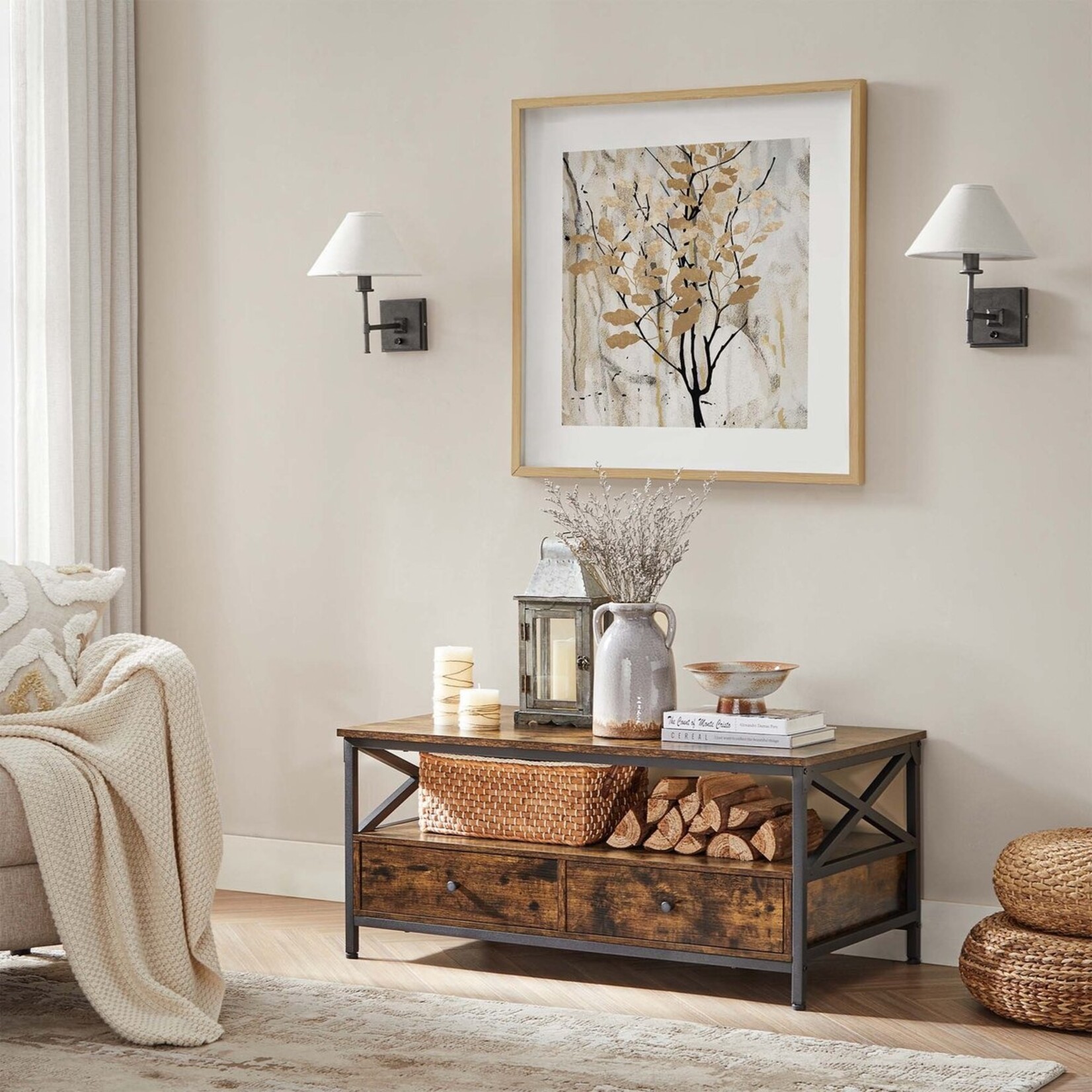 Bobbel Home Industrial Coffee Table with Drawers – Vintage Brown Coffee Table with Storage