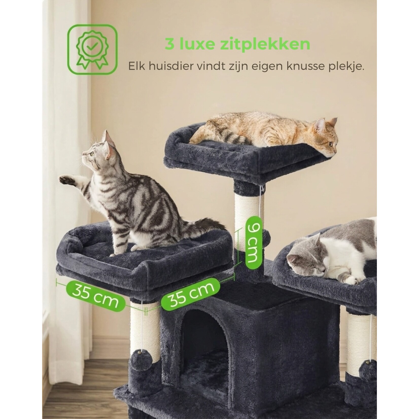 Bobbel Home Bobbel Home - scratching post - 172cm - sturdy scratching post with 2 cat houses and 3 platforms - Smoke Grey