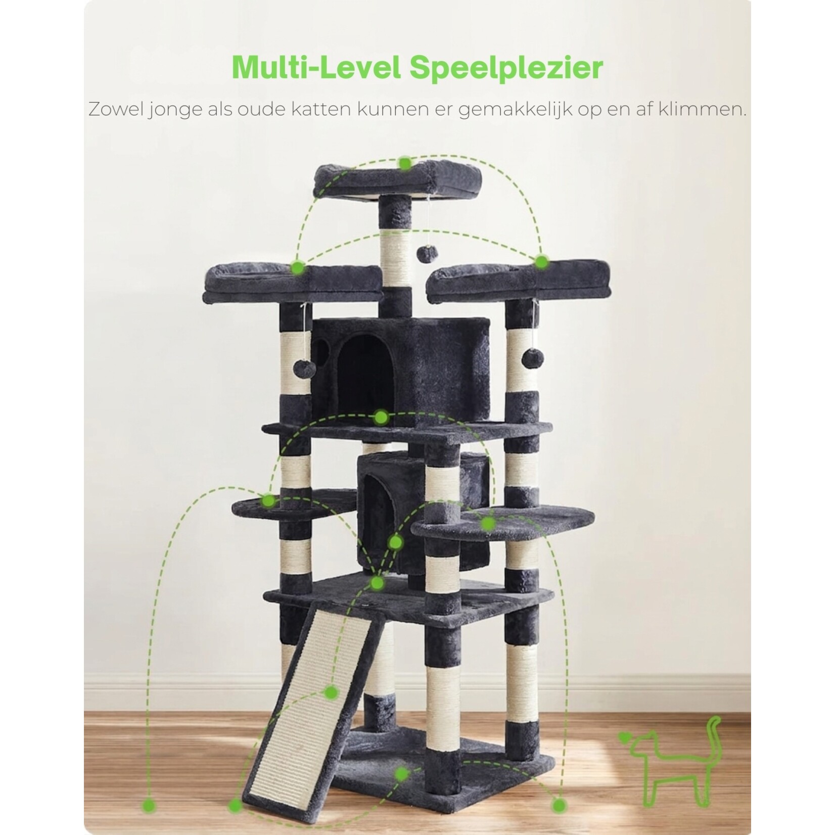 Bobbel Home Bobbel Home - scratching post - 172cm - sturdy scratching post with 2 cat houses and 3 platforms - Smoke Grey