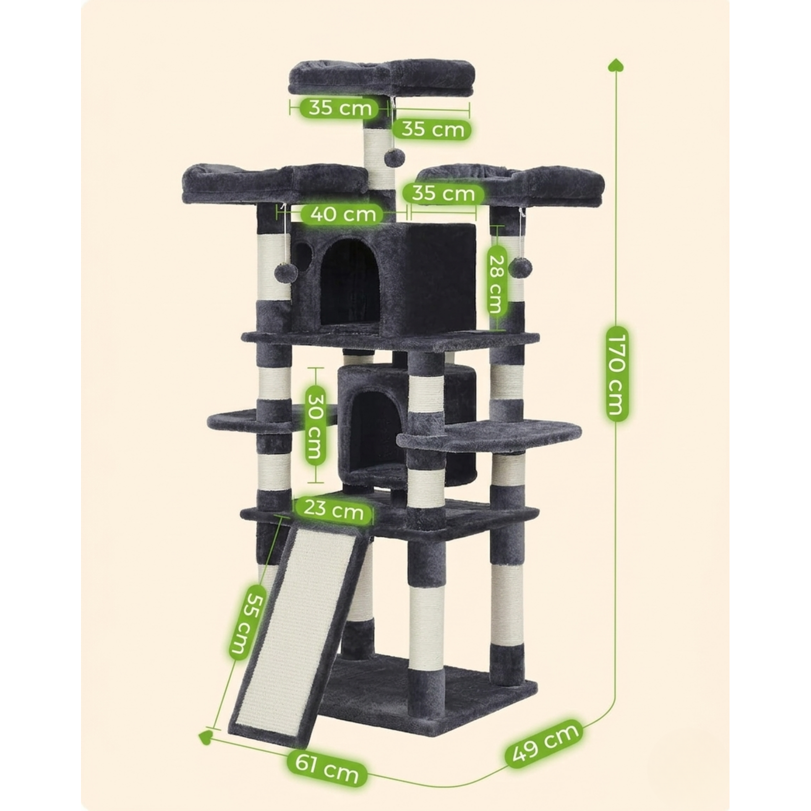 Bobbel Home Bobbel Home - scratching post - 172cm - sturdy scratching post with 2 cat houses and 3 platforms - Smoke Grey