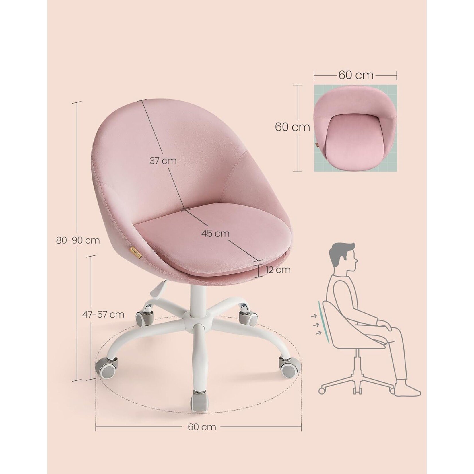 Bobbel Home Bobbel Home Velvet Bureaustoel Roze – Comfortabele Draaistoel met Luxe Fluweel