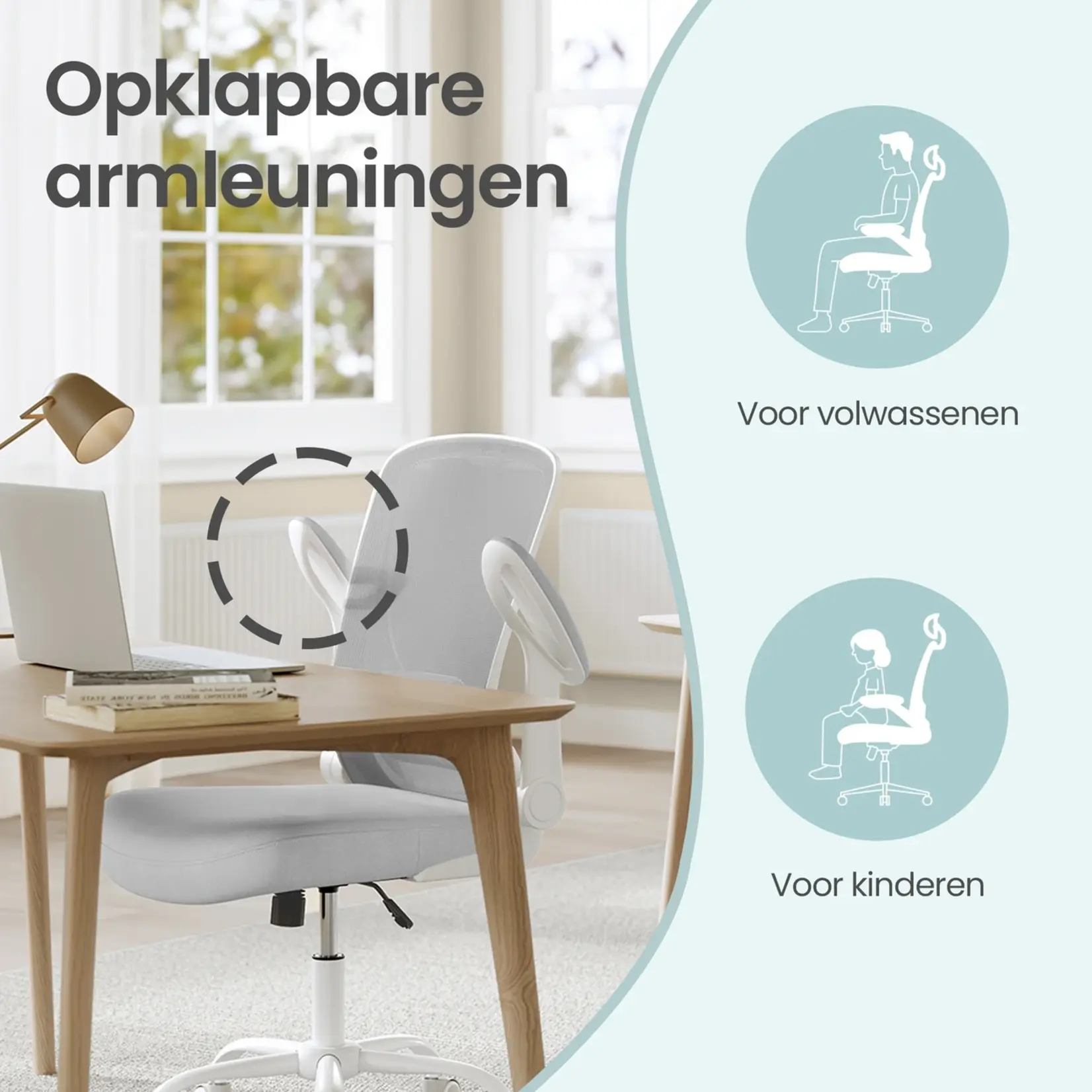 Bobbel Home Bobbel Home Bureaustoel – Ergonomisch – Met Gaas – 53 cm Zitting – Lichtgrijs – Stevige Rugsteun