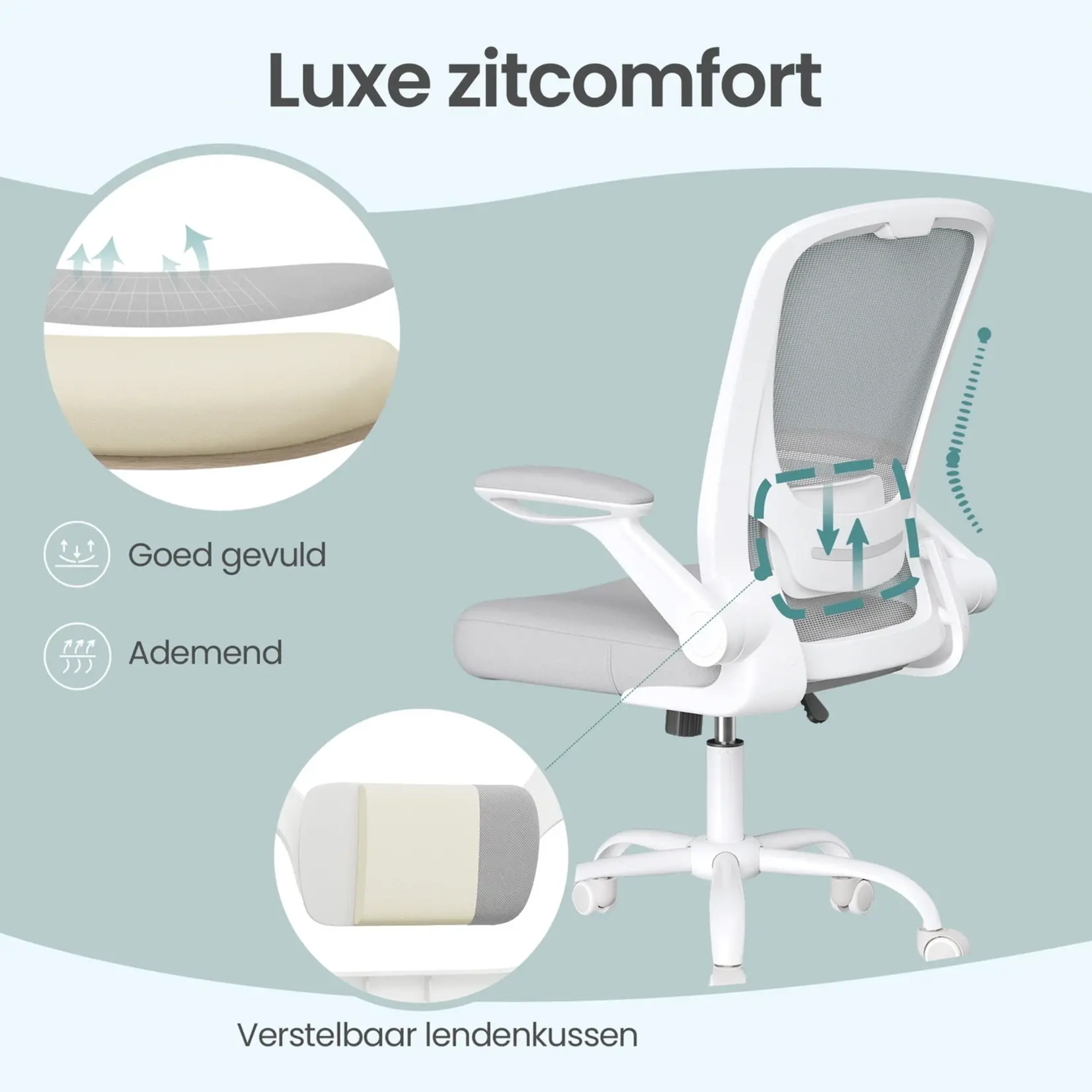 Bobbel Home Bureaustoel – Ergonomisch – Met Gaas – 53 cm Zitting – Lichtgrijs – Stevige Rugsteun