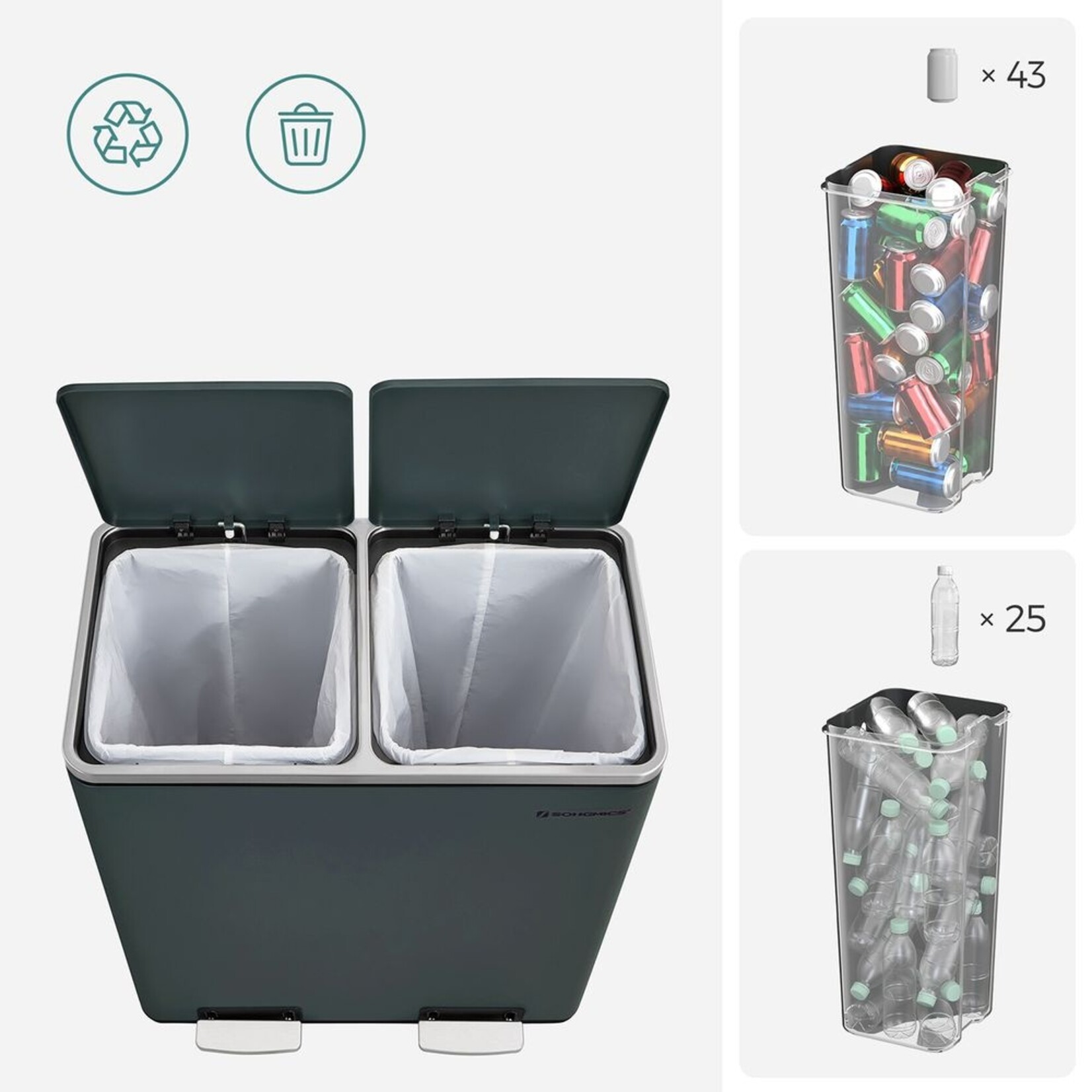 Bobbel Home Waste Bin for Waste Separation,  30 litres - Waste Bins - Pedal Bin - Smoke Grey
