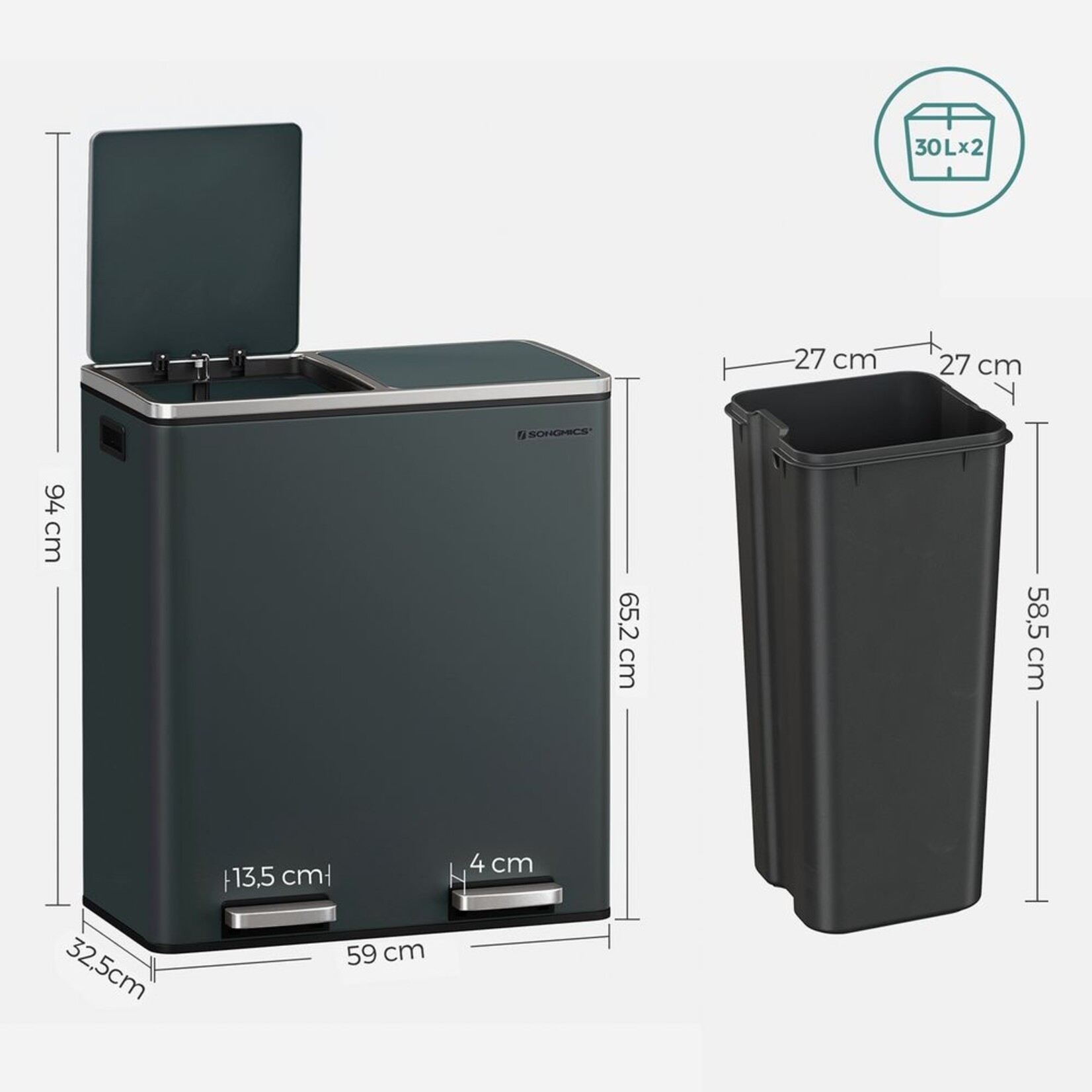 Bobbel Home Waste Bin for Waste Separation,  30 litres - Waste Bins - Pedal Bin - Smoke Grey