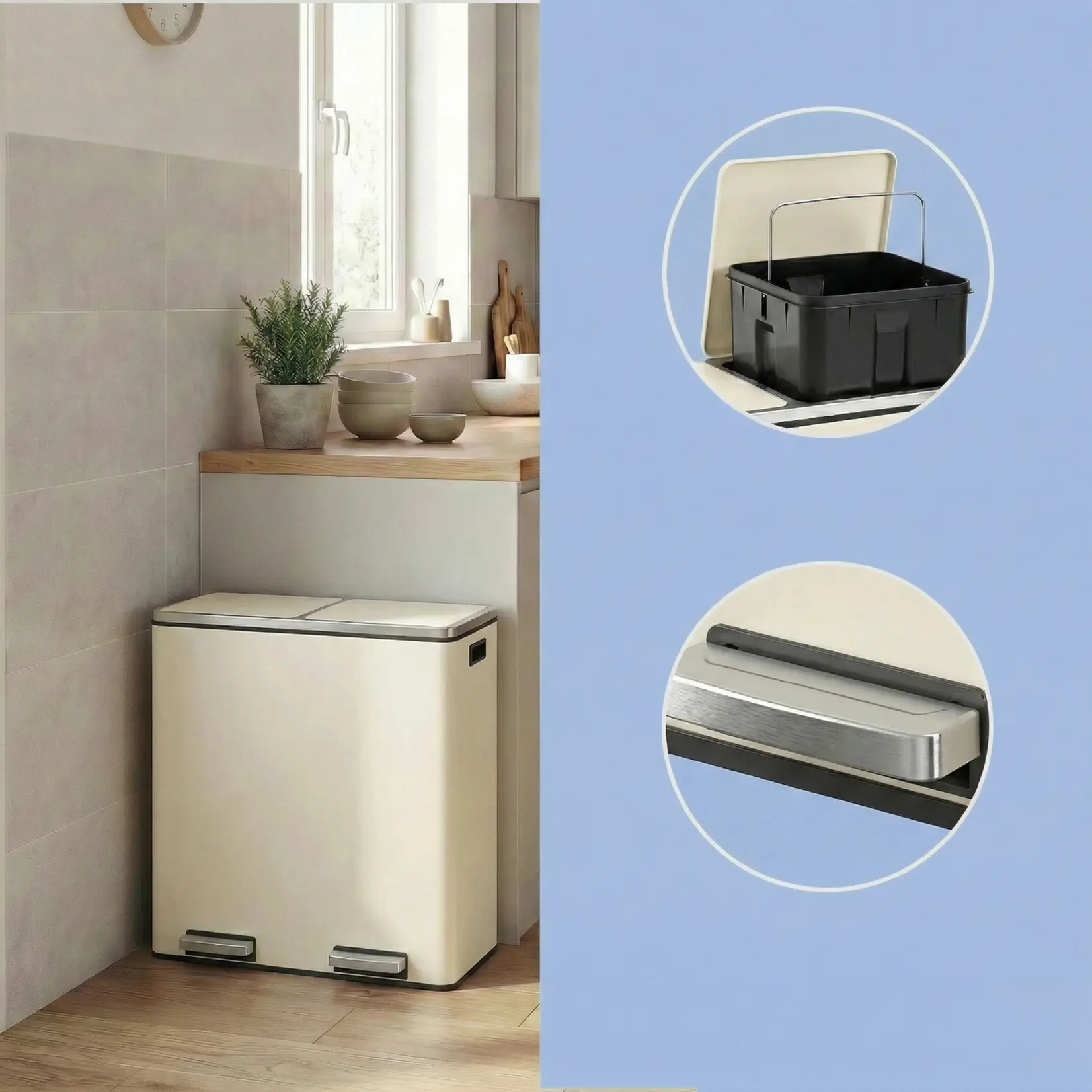 Bobbel Home Prullenbak Afvalscheiding 60 Liter - Prullenbakken - Pedaalemmer - Romig wit