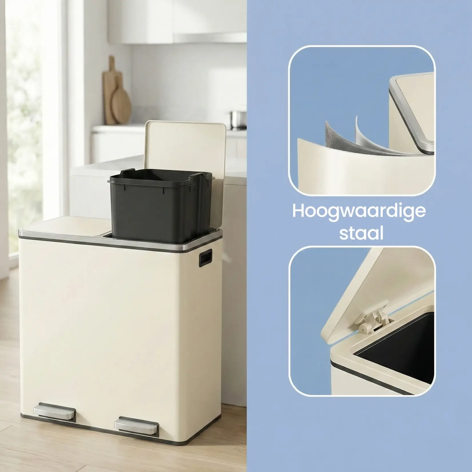 Bobbel Home Bobbel Home Prullenbak Afvalscheiding 60 Liter - Prullenbakken - Pedaalemmer - Romig wit