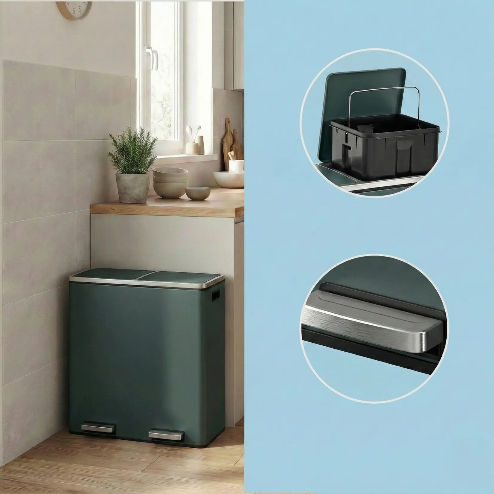 Bobbel Home Bobbel Home Prullenbak Afvalscheiding 60 Liter - Prullenbakken - Pedaalemmer - Groenachtig grijs