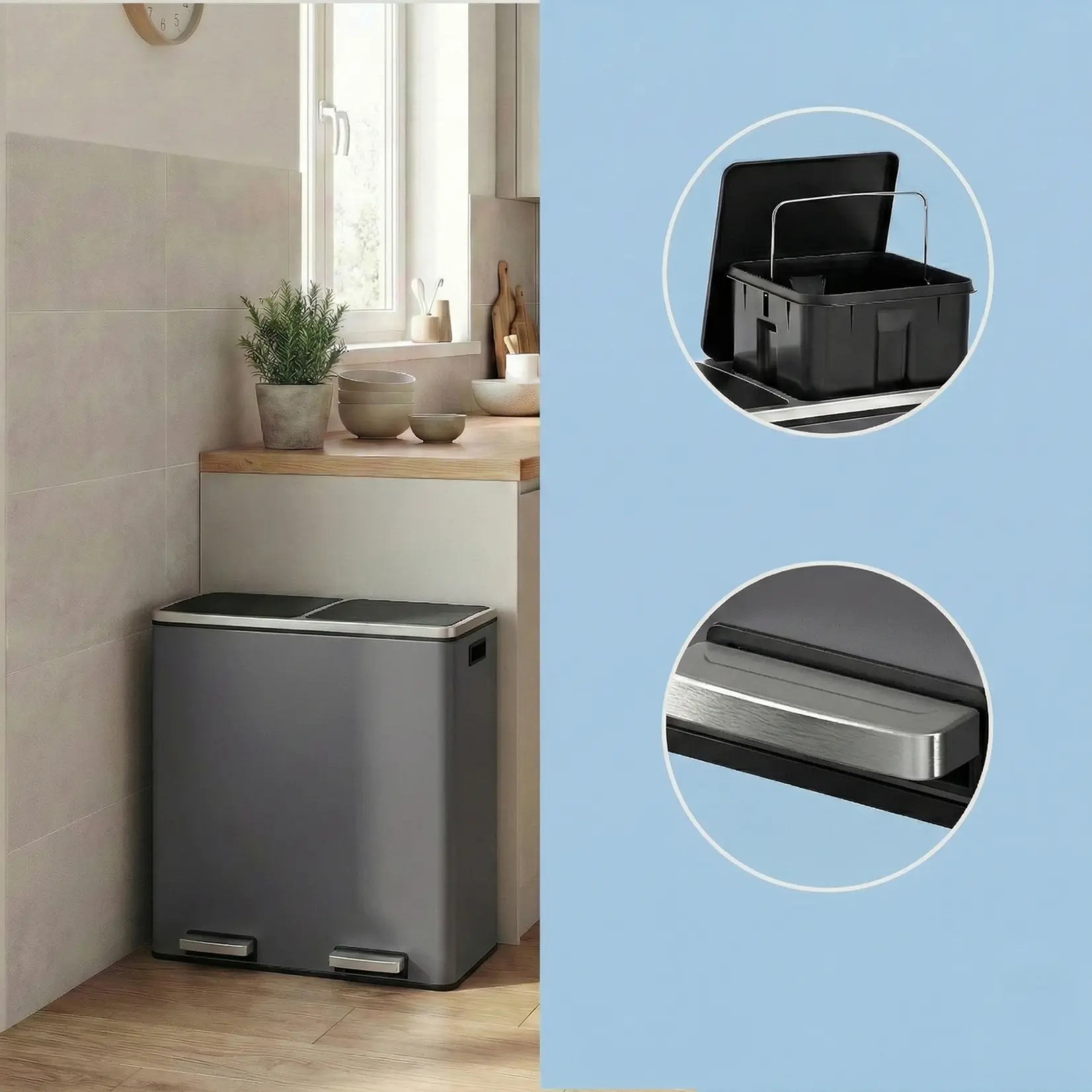 Bobbel Home Bobbel Home Prullenbak Afvalscheiding 60 Liter - Prullenbakken - Pedaalemmer - Mat Grijs