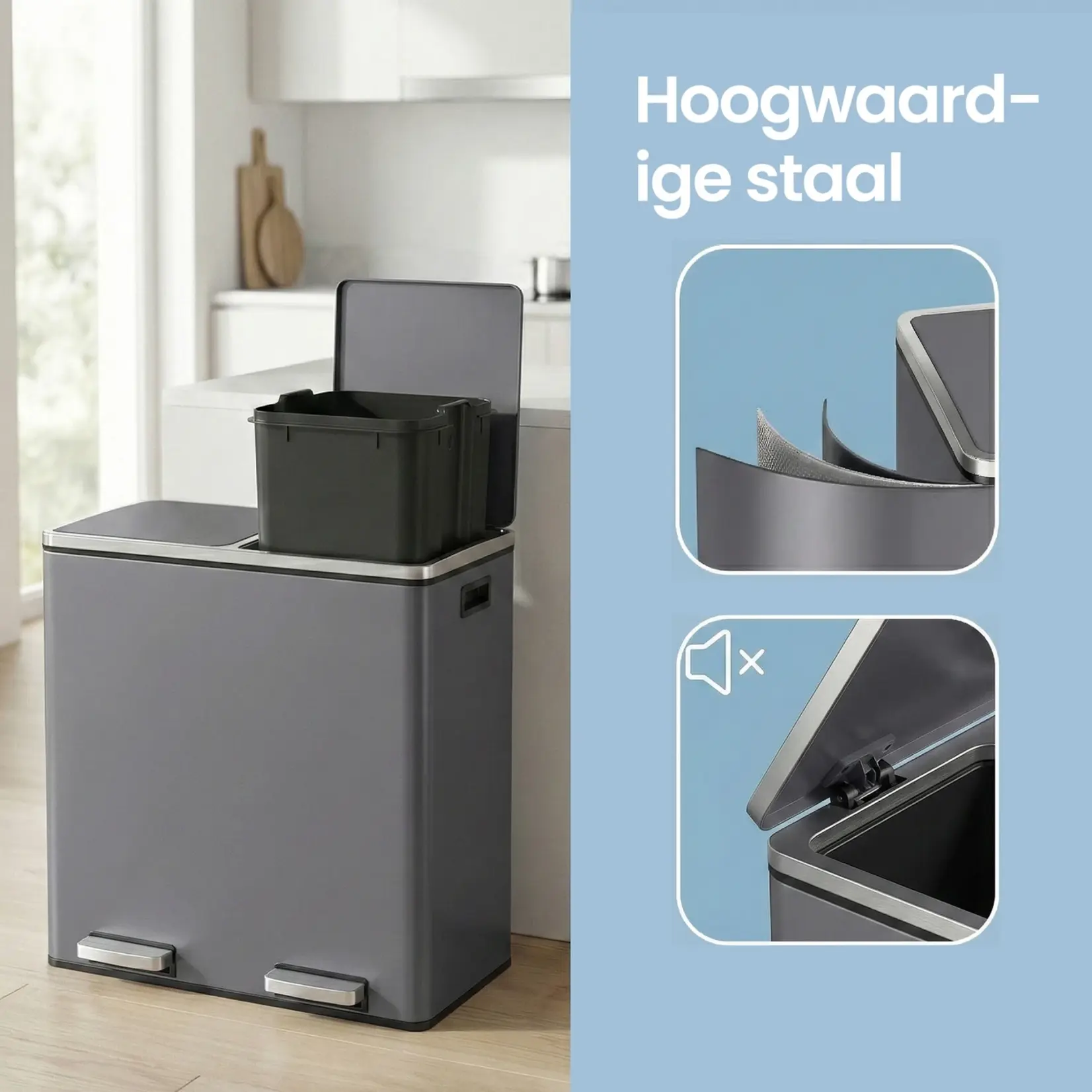 Bobbel Home Prullenbak Afvalscheiding 60 Liter - Prullenbakken - Pedaalemmer - Mat Grijs