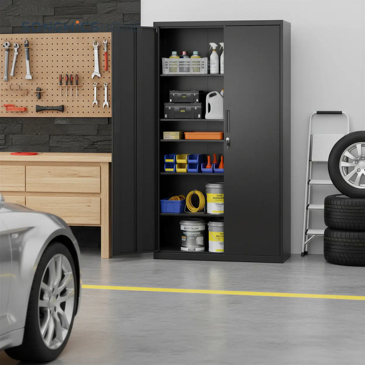 Bobbel Home 5-Laags Archiefkast - Multifunctionele Kast - Stalen Opbergkast - Dubbele Deuren - Zwart