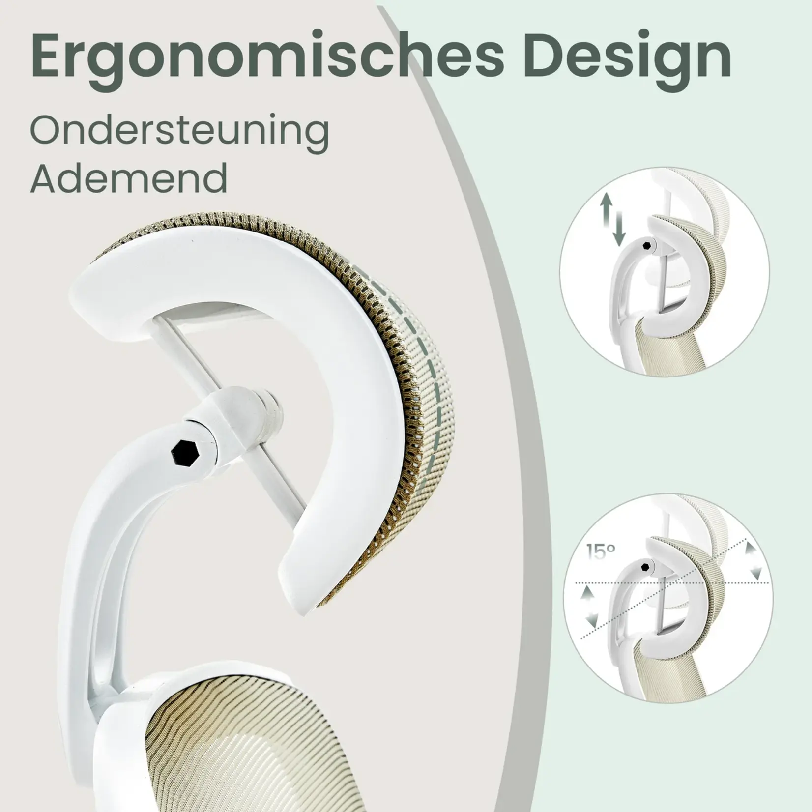 Bobbel Home Ergonomische Bureaustoel - Gevoerde Lendensteun - Wipfunctie -  Zitting 53 cm -  Opklapbare armleuningen - Cappuccino Beige