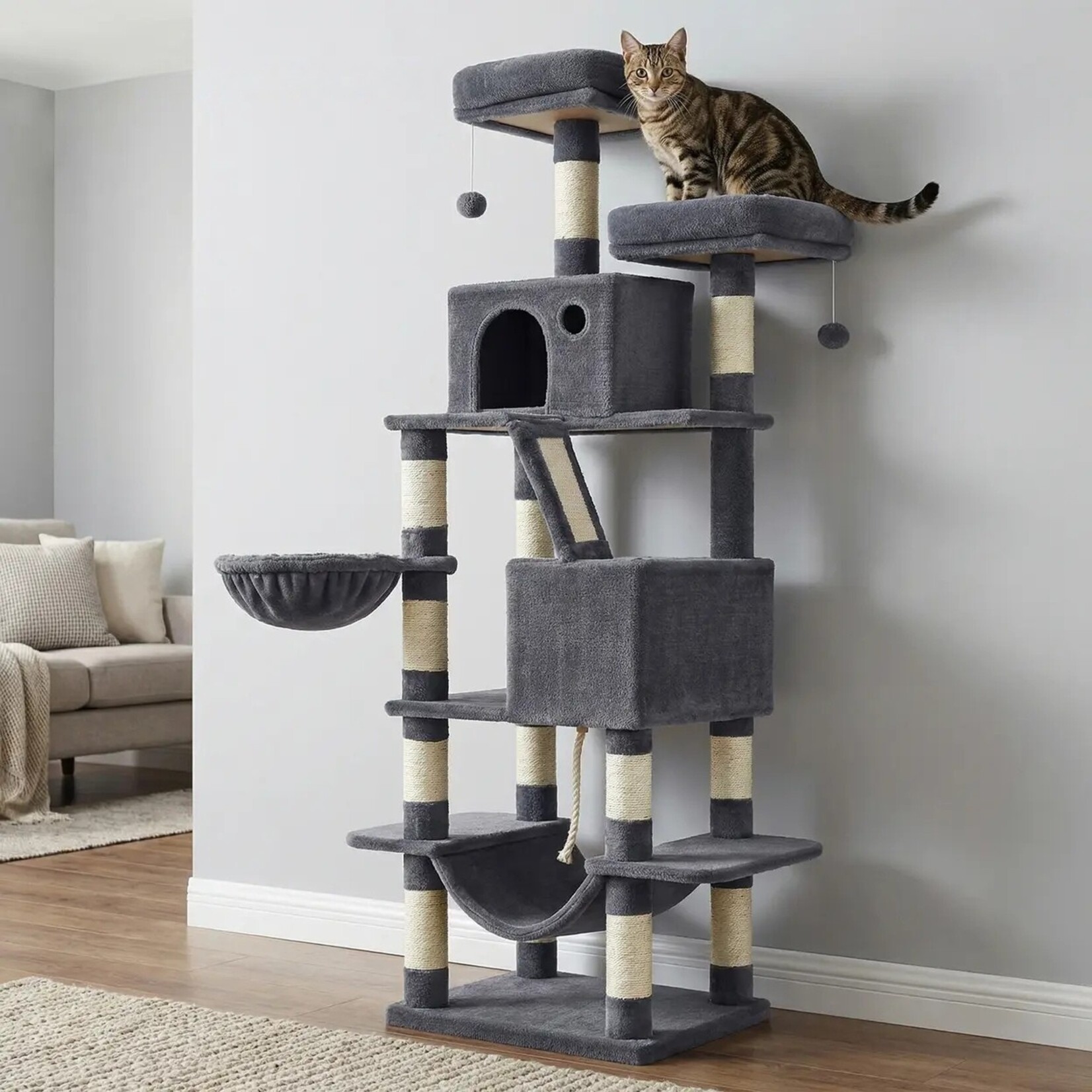 Bobbel Home Scratching Post 168 cm – Large Cat Tower – 13 Scratching Posts – 2 Houses – Hammock – Smoke Grey