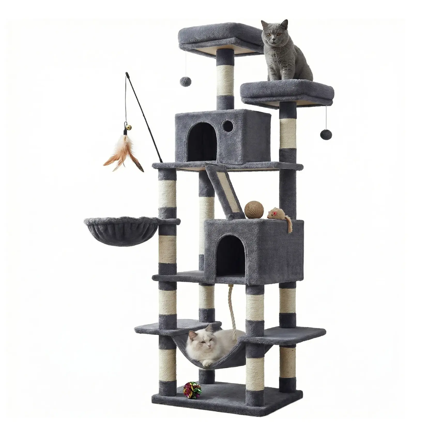 Bobbel Home Krabpaal 168 cm  - Grote Kattentoren  - 13 Krabpalen - 2 Huisjes - Hangmat - Rook Grijs