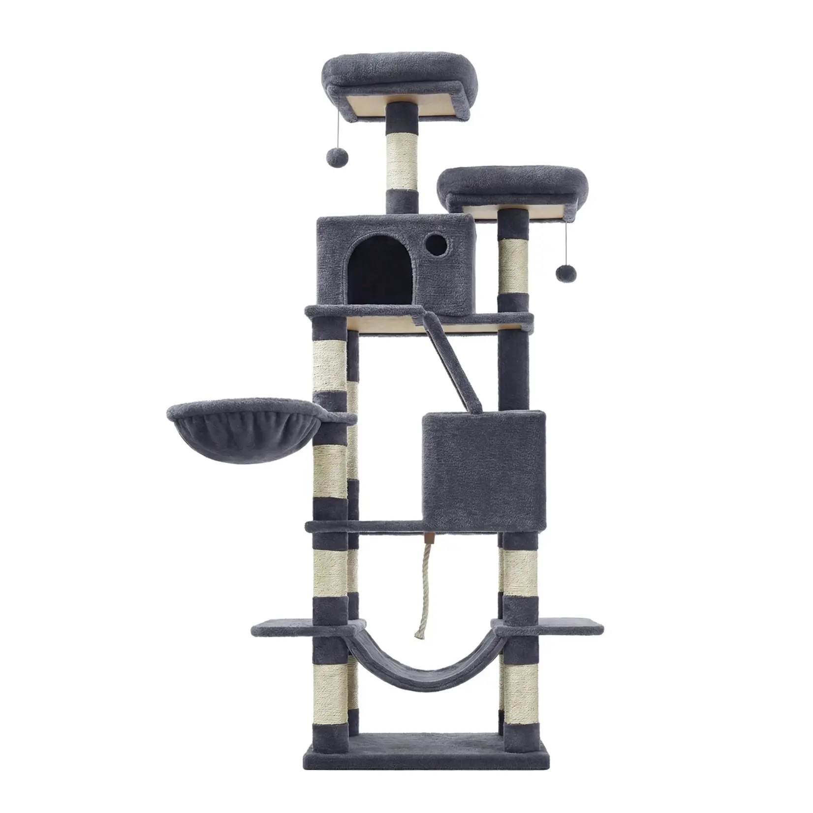 Bobbel Home Bobbel Home Scratching Post 168 cm – Large Cat Tower – 13 Scratching Posts – 2 Houses – Hammock – Smoke Grey