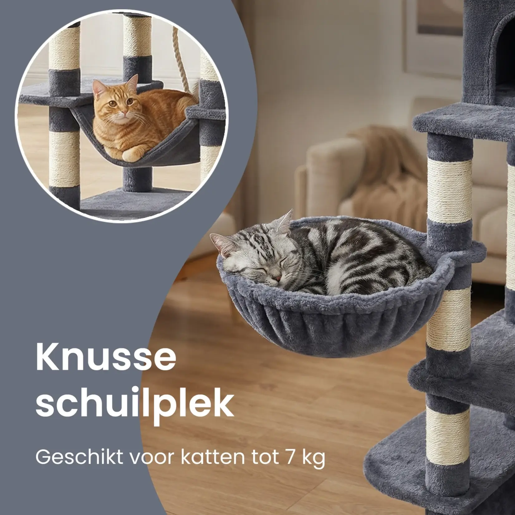 Bobbel Home Scratching Post 168 cm – Large Cat Tower – 13 Scratching Posts – 2 Houses – Hammock – Smoke Grey