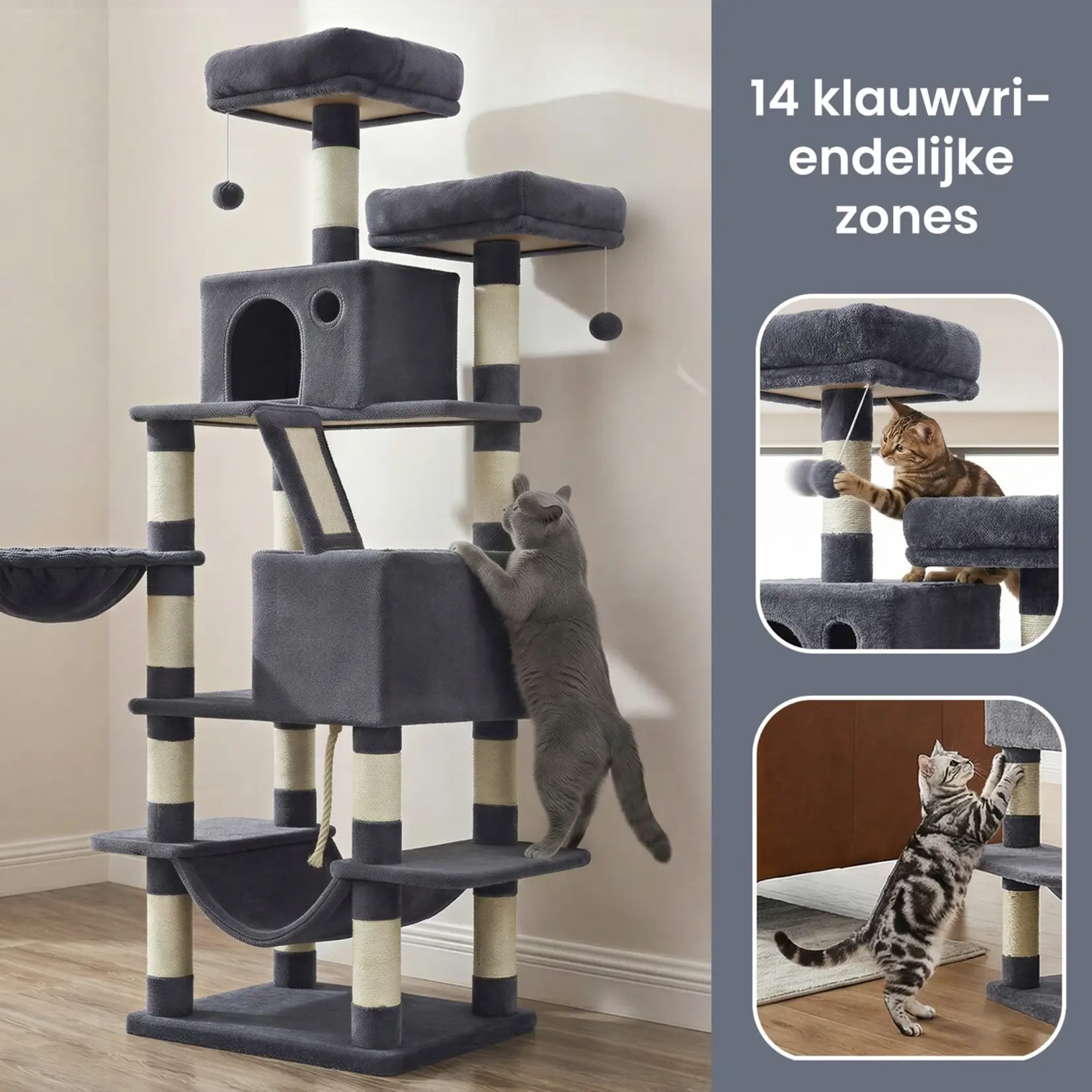 Bobbel Home Scratching Post 168 cm – Large Cat Tower – 13 Scratching Posts – 2 Houses – Hammock – Smoke Grey