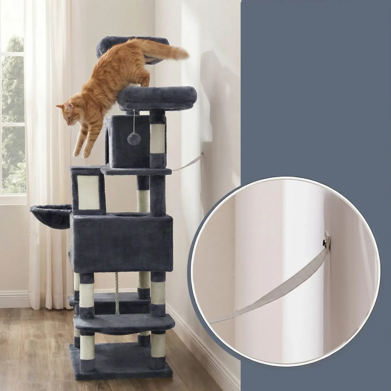Bobbel Home Scratching Post 168 cm – Large Cat Tower – 13 Scratching Posts – 2 Houses – Hammock – Smoke Grey