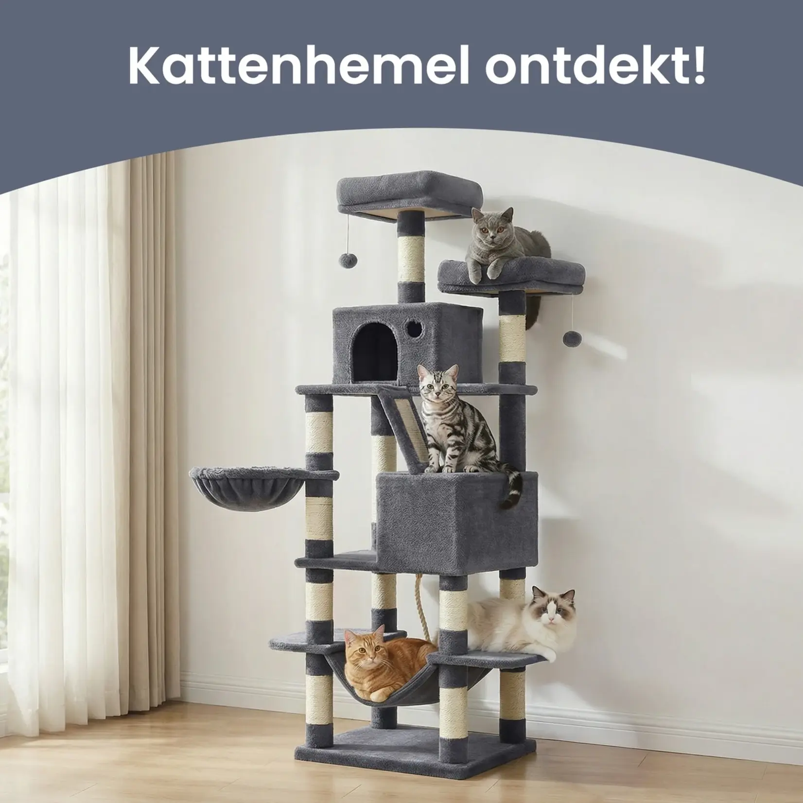 Bobbel Home Scratching Post 168 cm – Large Cat Tower – 13 Scratching Posts – 2 Houses – Hammock – Smoke Grey
