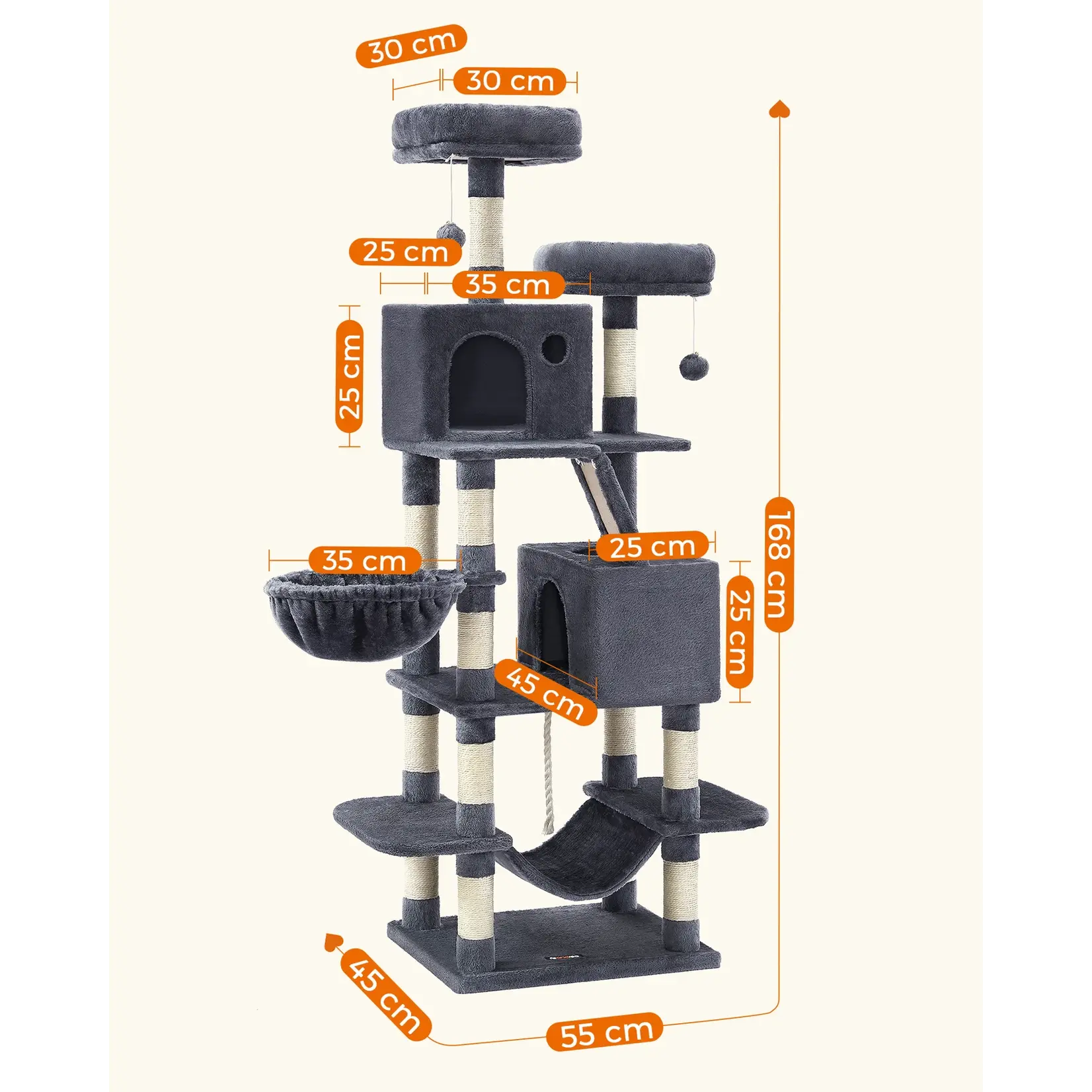 Bobbel Home Bobbel Home Scratching Post 168 cm – Large Cat Tower – 13 Scratching Posts – 2 Houses – Hammock – Smoke Grey