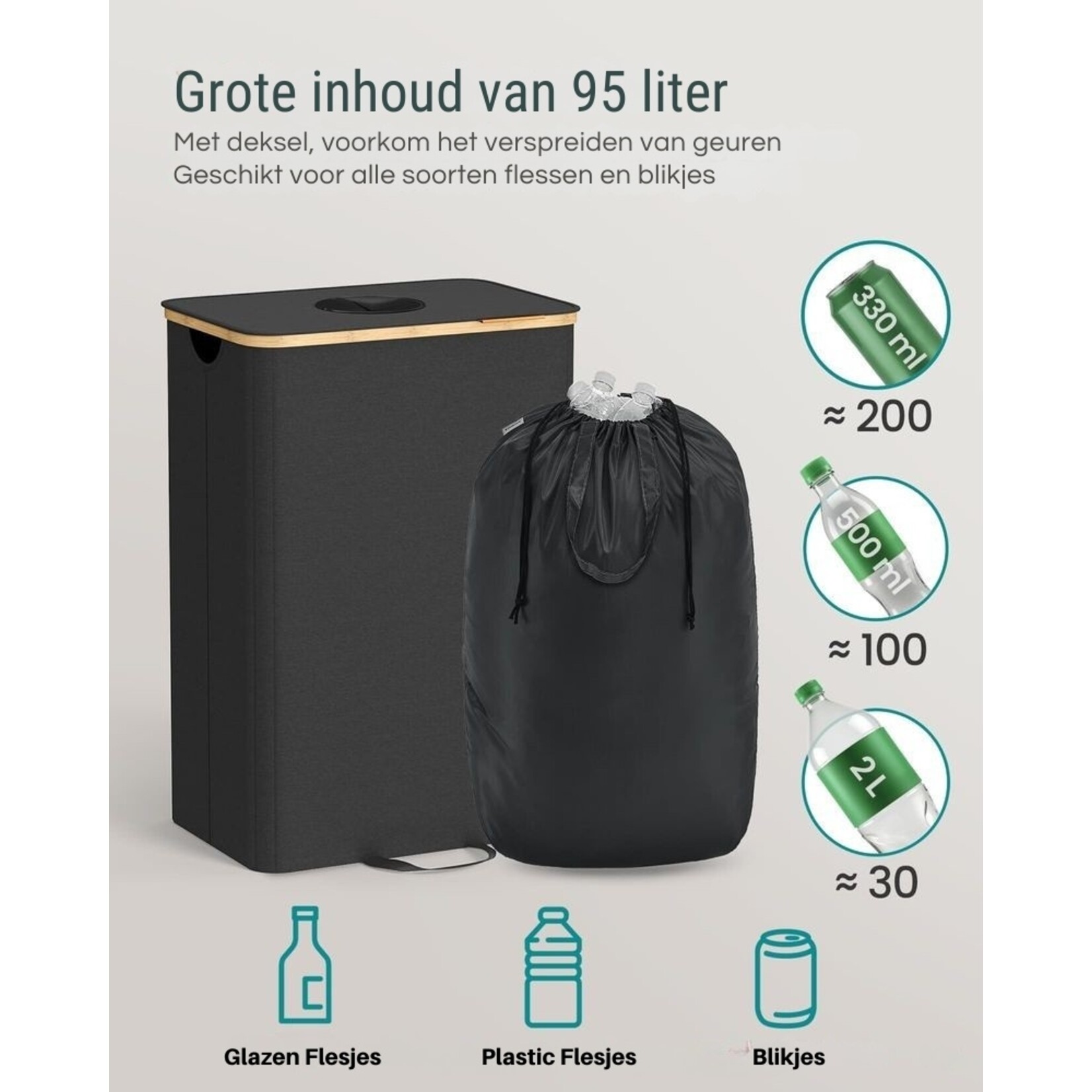 Bobbel Home Bobbel Home Statiegeld Container - Lege Flessen Verzamelbak - Statiegeld Flessen Bak - Lege Blikjes Prullenbak  - Zwart - 95 Liter