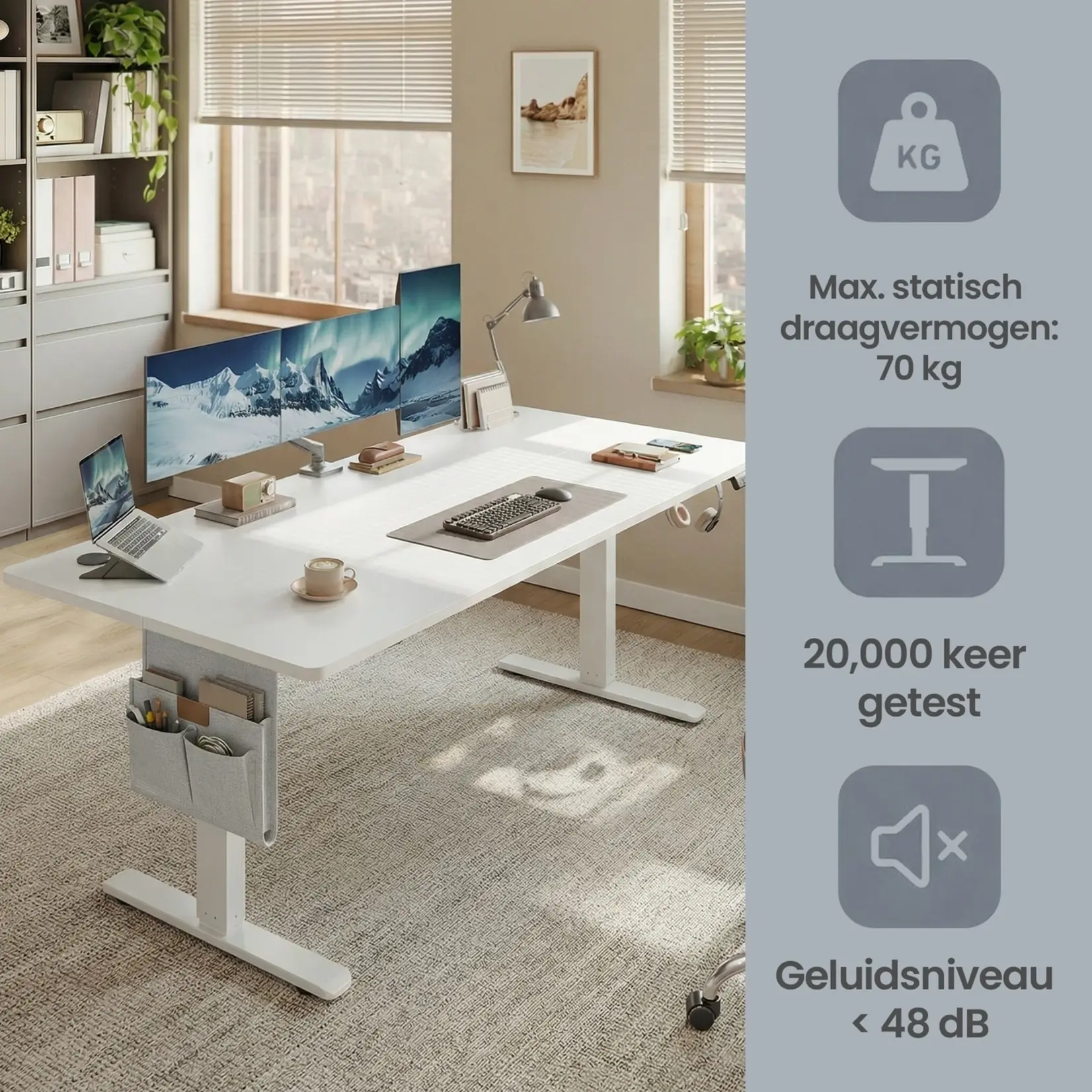 Bobbel Home Bobbel Home Electric desk – Standing desk – Height-adjustable desk – Chipboard and steel – 60 cm x 140 cm x (72–120 cm) – Cloud white