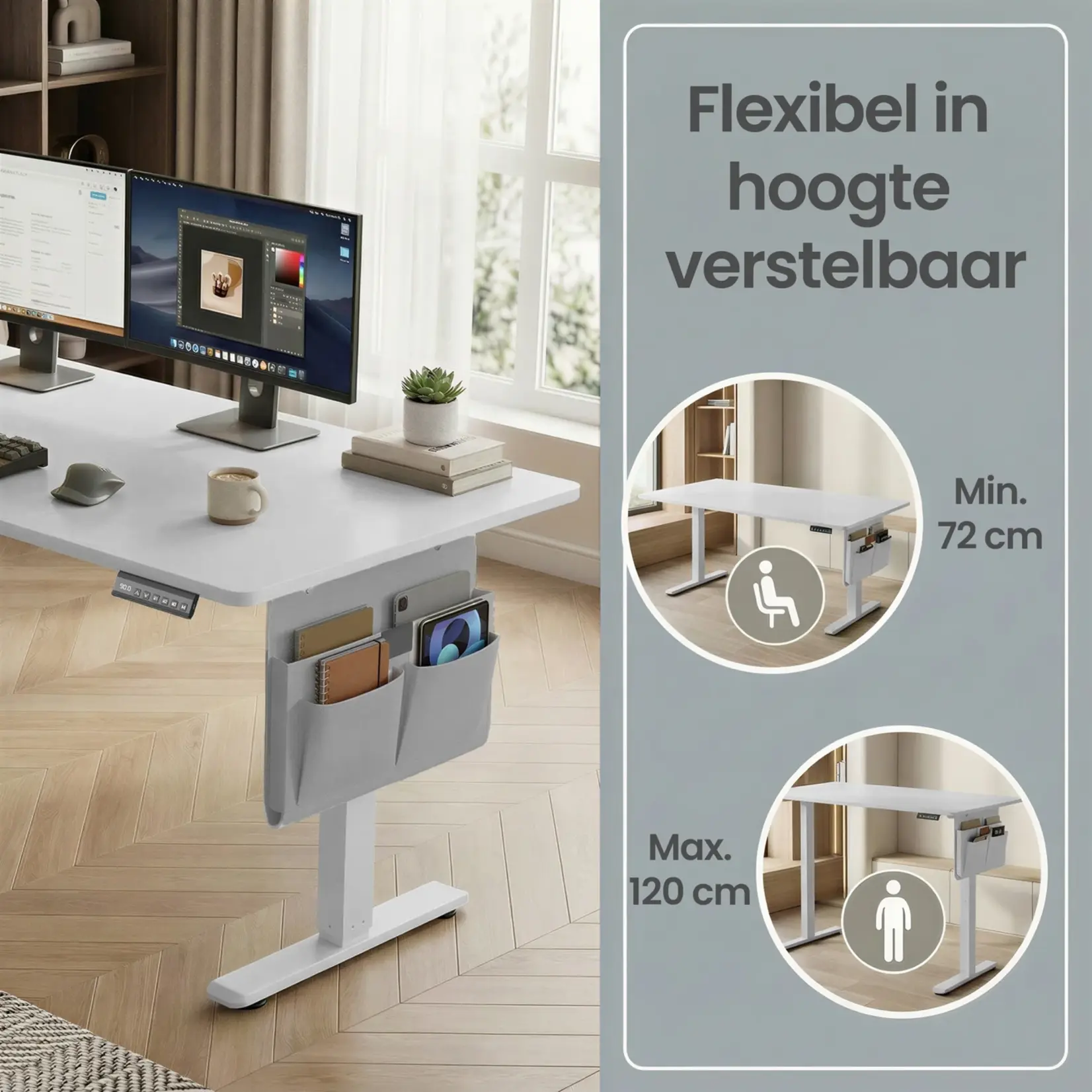Bobbel Home Bobbel Home Electric desk – Standing desk – Height-adjustable desk – Chipboard and steel – 60 cm x 140 cm x (72–120 cm) – Cloud white
