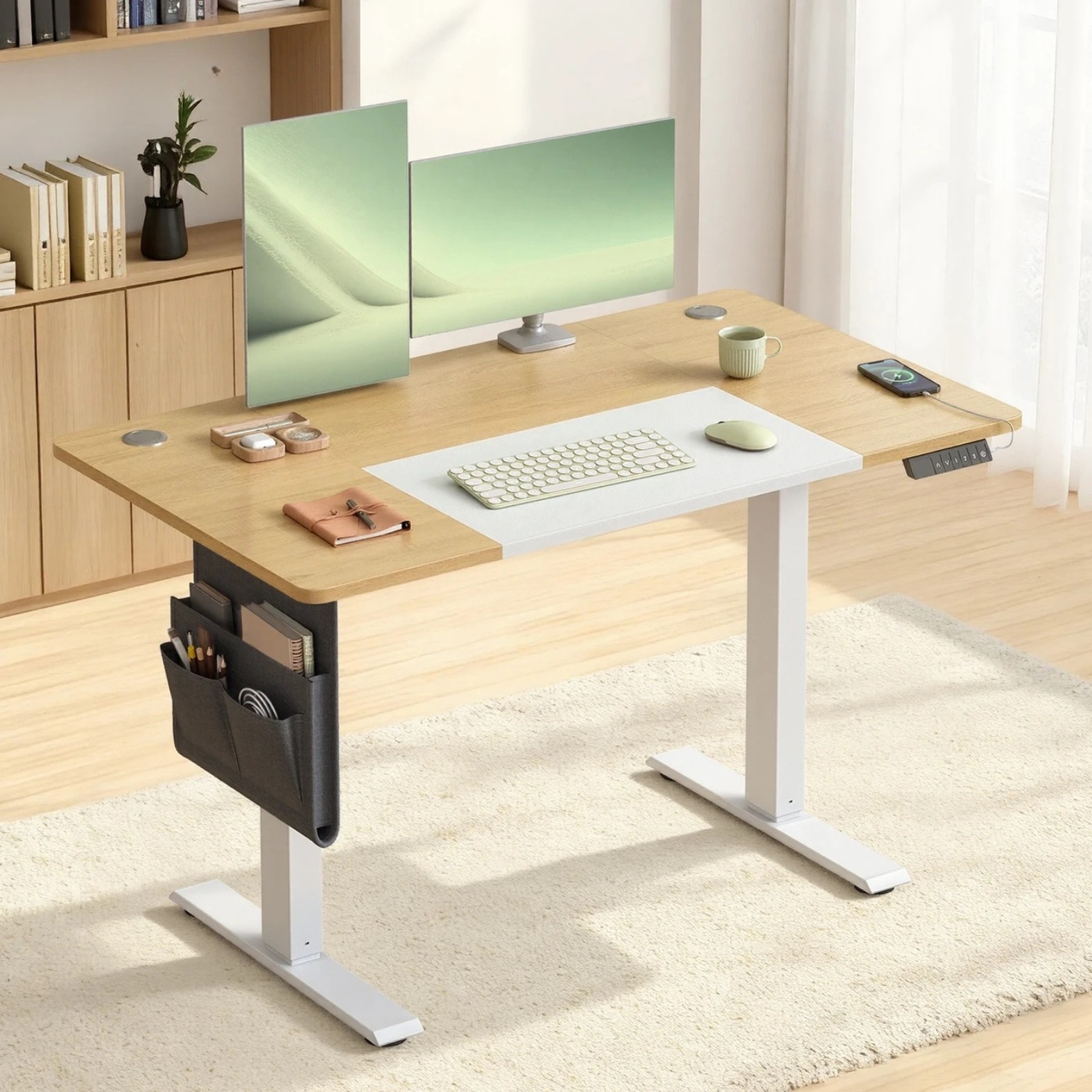 Bobbel Home  Elektrisch sta-bureau - Verstelbaar bureau - Zit-sta bureau - Spaanplaat stalen frame - Pastelgeel-basis wit - 60 cm x 120 cm x (72-120) cm