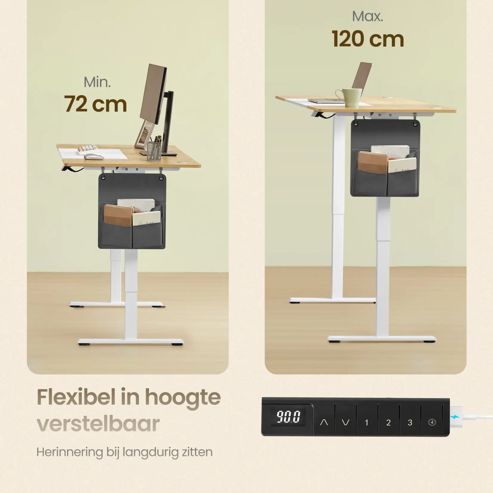 Bobbel Home Bobbel Home Electric standing desk – Adjustable desk – Sit-stand desk – Chipboard with steel frame – Pastel yellow with white base – 60 cm x 120 cm x (72–120) cm