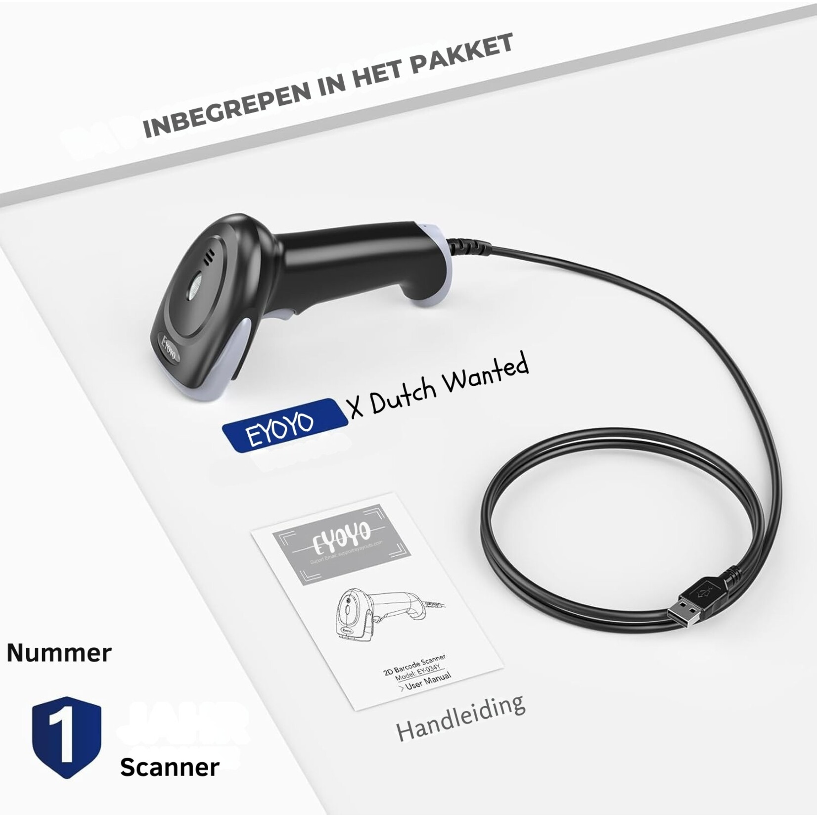 Dutch Wanted Dutch Wanted Eyoyo - Handscanner - Barcodescanner - Handscanner - Professionele scanner - QR code scanner - EAN en QR codes