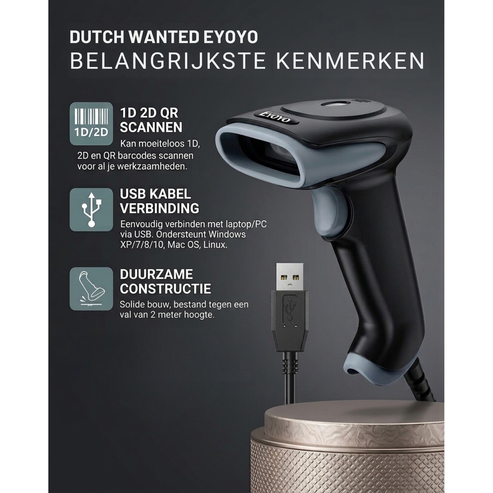 Dutch Wanted Eyoyo - Handheld scanner - Barcode scanner - Handheld scanner - Professional scanner - QR code scanner - EAN and QR codes