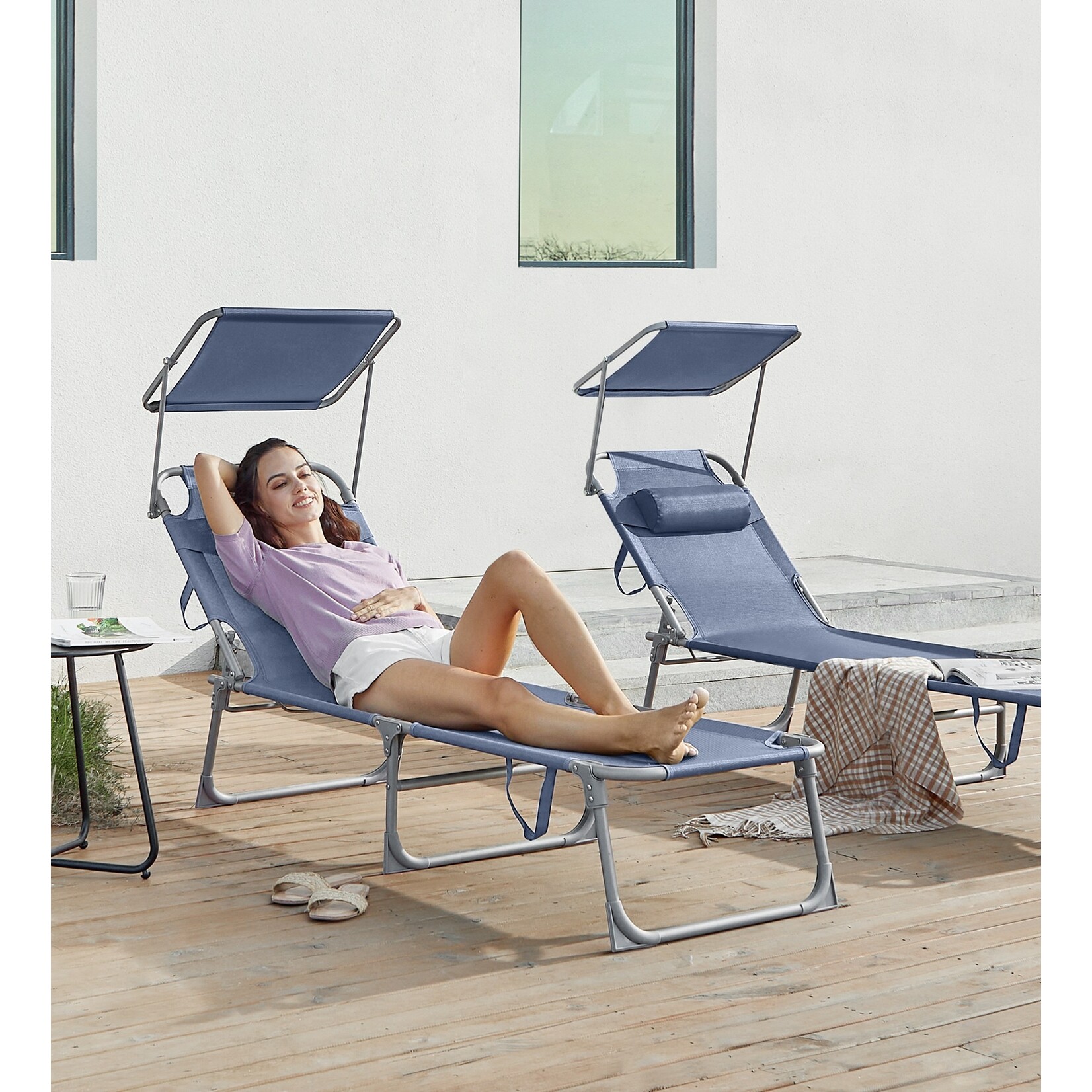 Bobbel Home Bobbel Home Sun Lounger – Foldable – With Sunshade – Blue – Portable Beach Bed