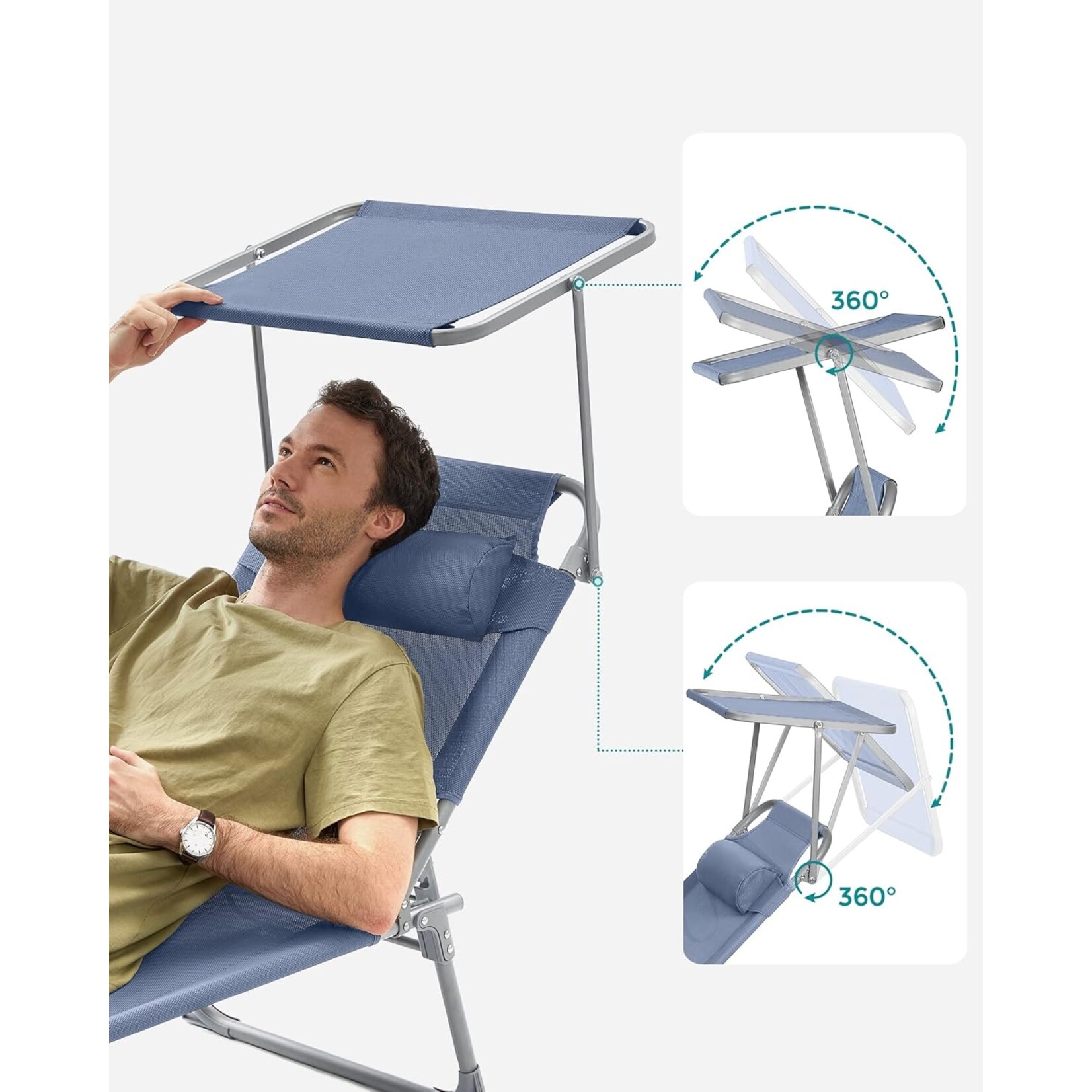 Bobbel Home Bobbel Home Sun Lounger – Foldable – With Sunshade – Blue – Portable Beach Bed